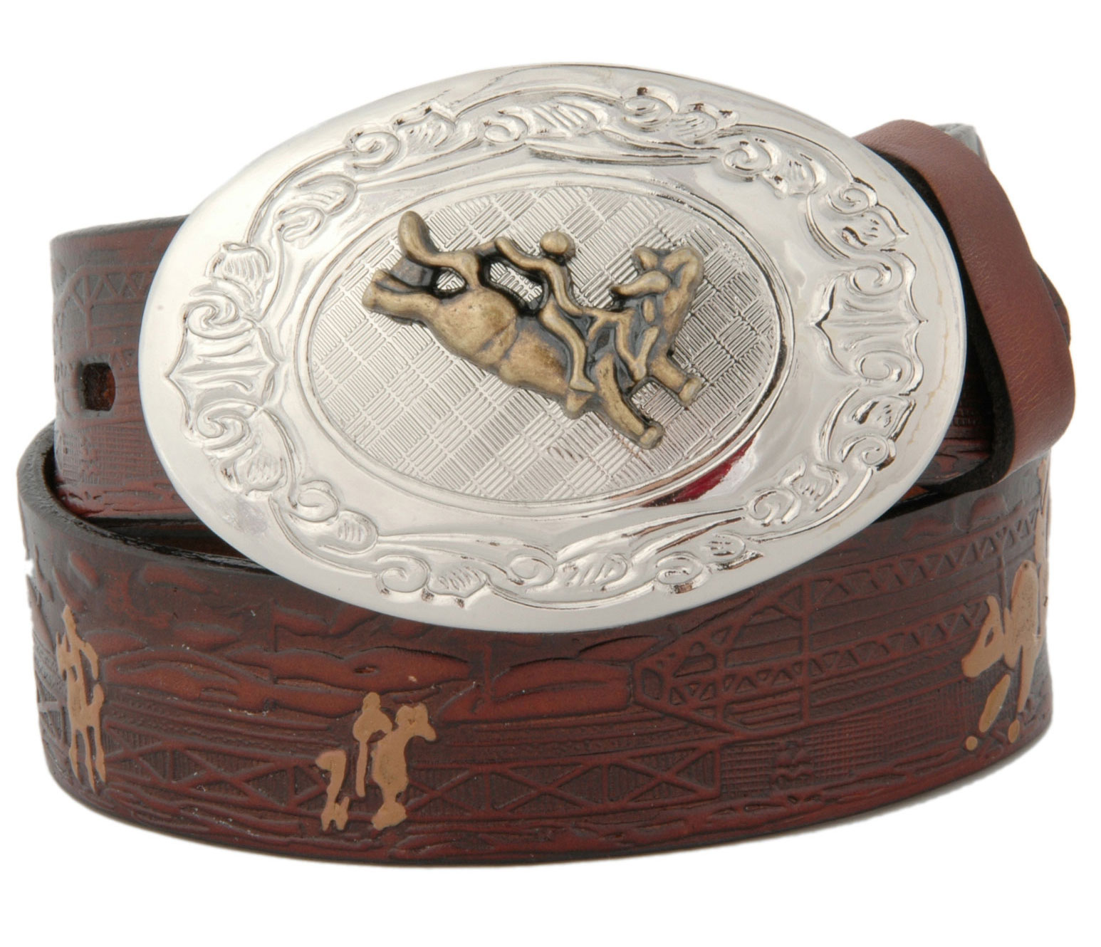 Nocona Brown Rodeo Belt with Bullrider Buckle - Image 1