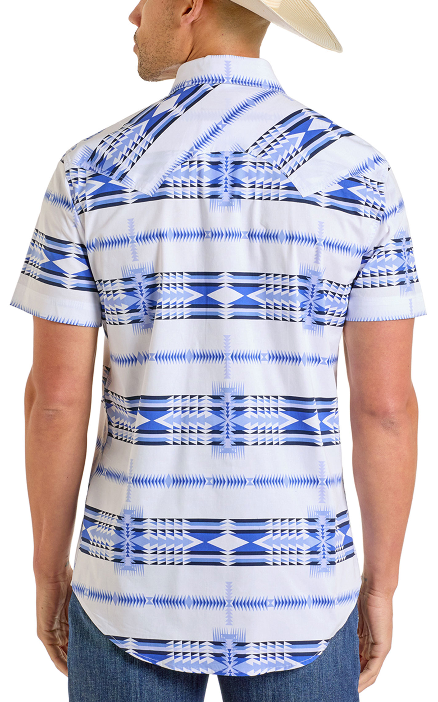 Rock & Roll Denim Men's Blue & White Aztec Print Western Shirt - Image 1