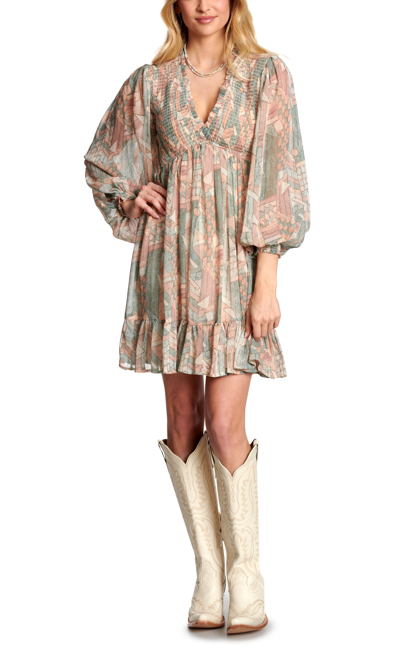 Blue B Women's Pink And Green Geo Print Smocked Dress - Image 1