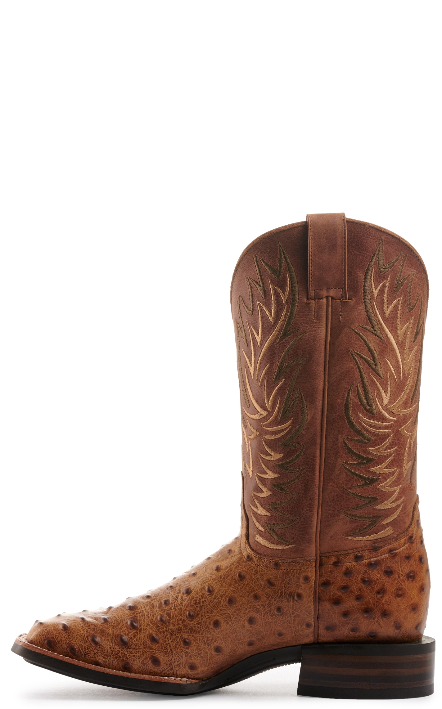 Cavender's Men's Intrepid Brass and Aleman Antique Tan Ostrich Print Wide Square Toe Cowboy Boots - Image 1
