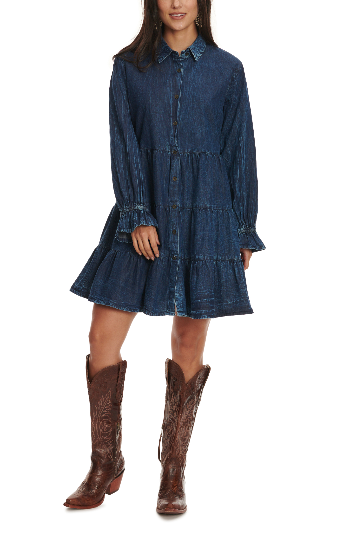 Rockin C Women's Dark Wash Denim Blue Long Sleeve Tiered Dress - Image 1