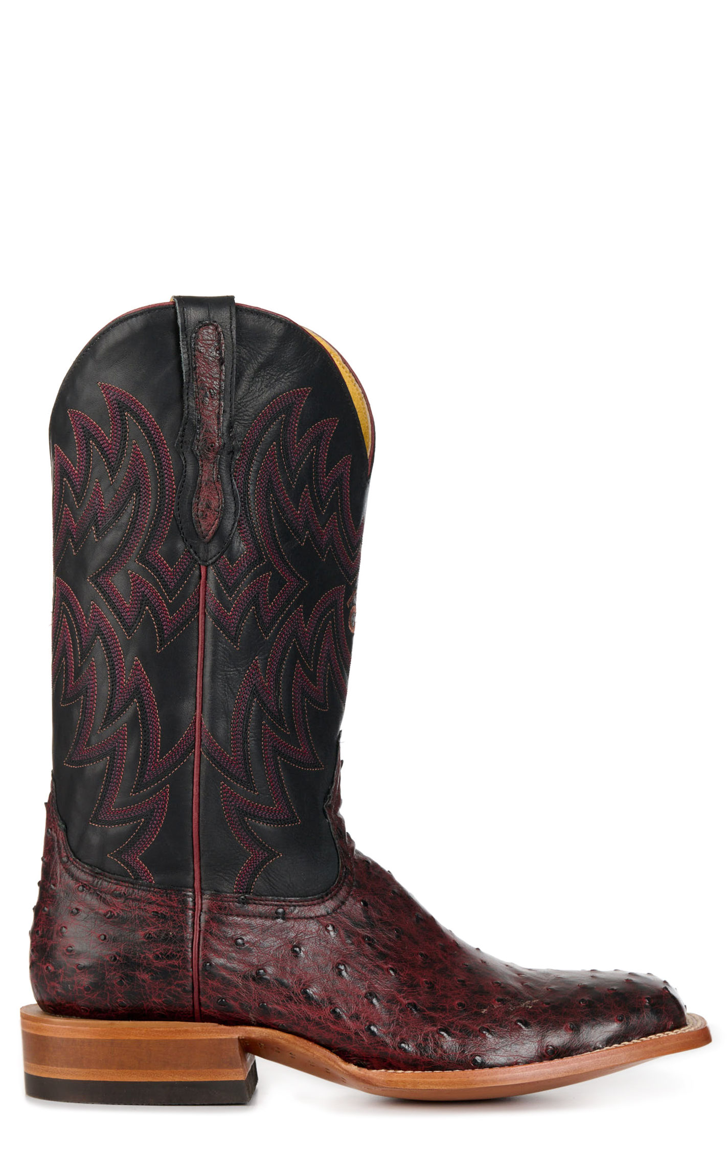 Cavender’s Men’s Black Cherry Full Quill Ostrich and Black Wide Square Toe Exotic Cowboy Boots - Image 1