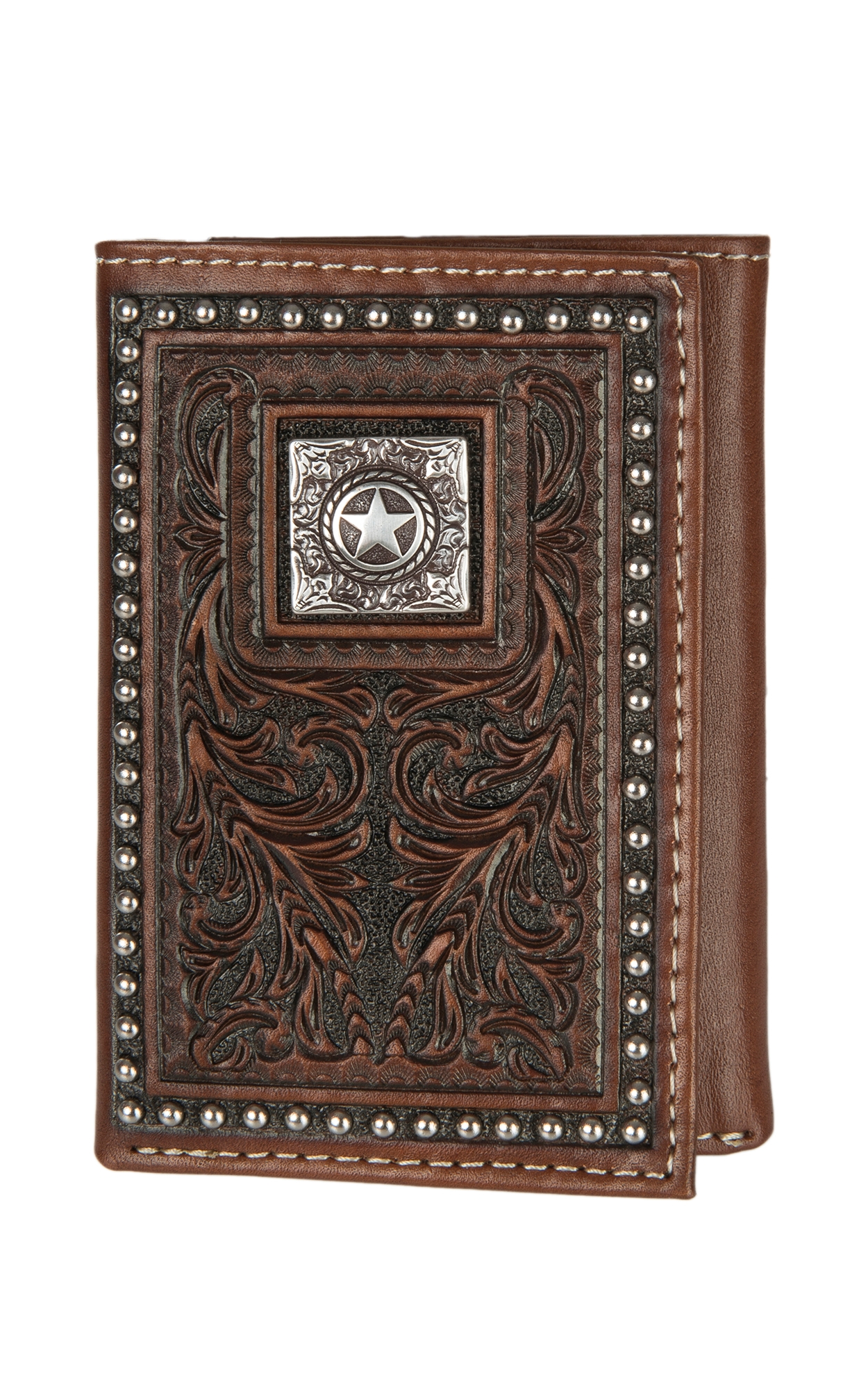 Nocona Brown Floral Tooled with Concho and Studded Edge Tri-fold Wallet - Image 1