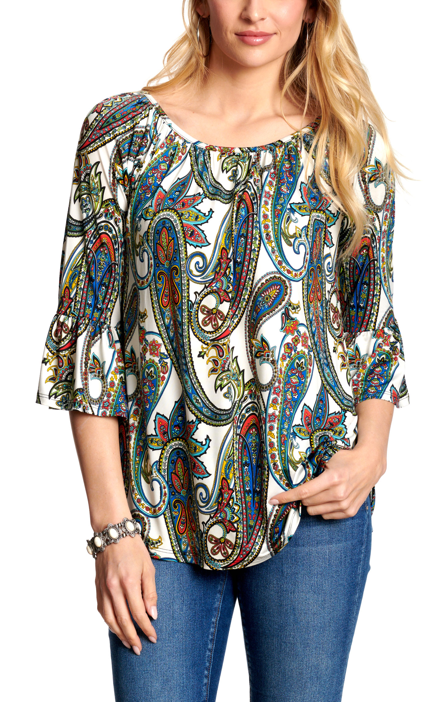 R. Rouge Women's White Paisley Print Bell Sleeve Top - Image 1