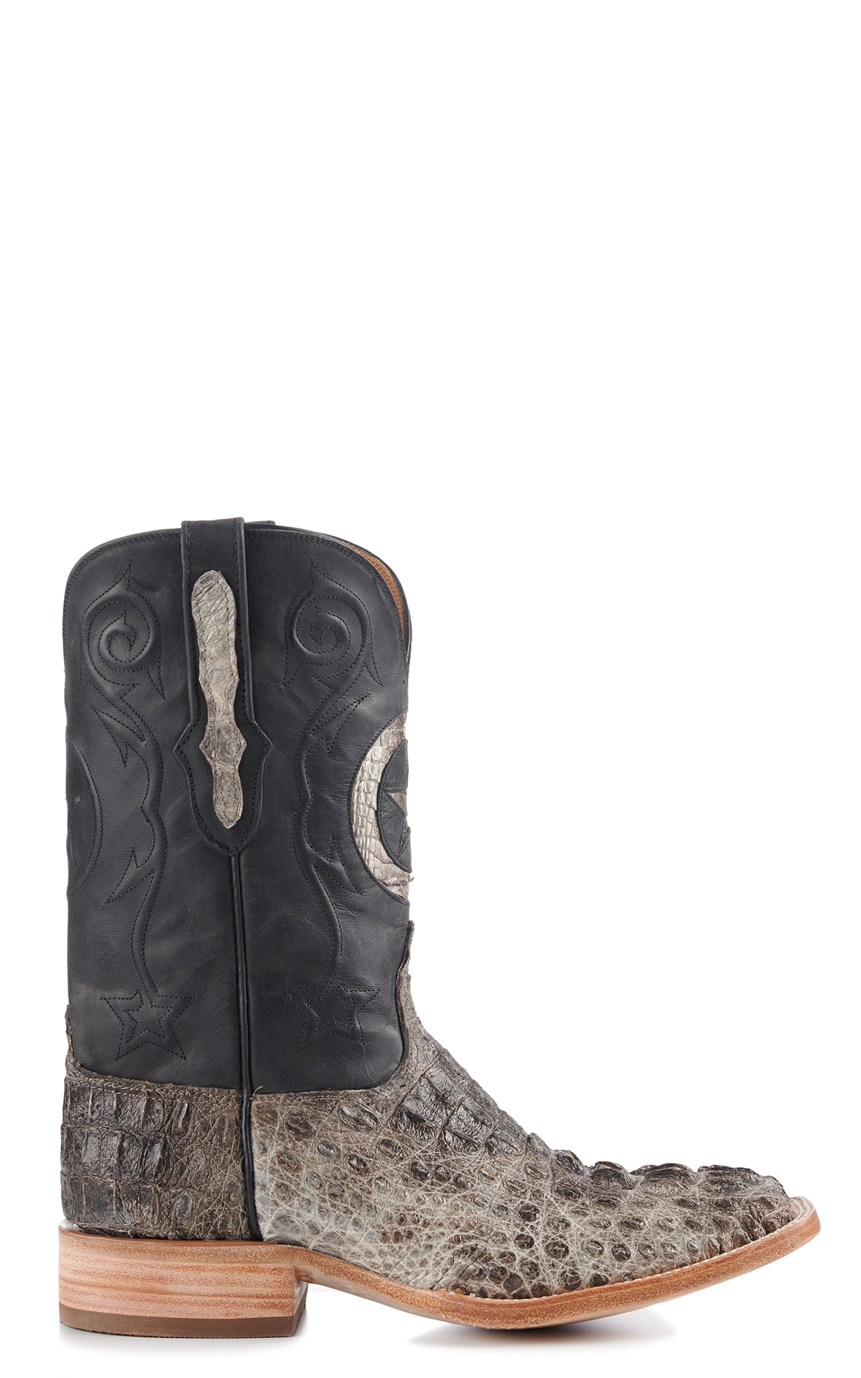 Black Jack Men's Natural Caiman Hornback and Black with Star Inlay Wide Square Toe Exotic Cowboy Boots - Image 1