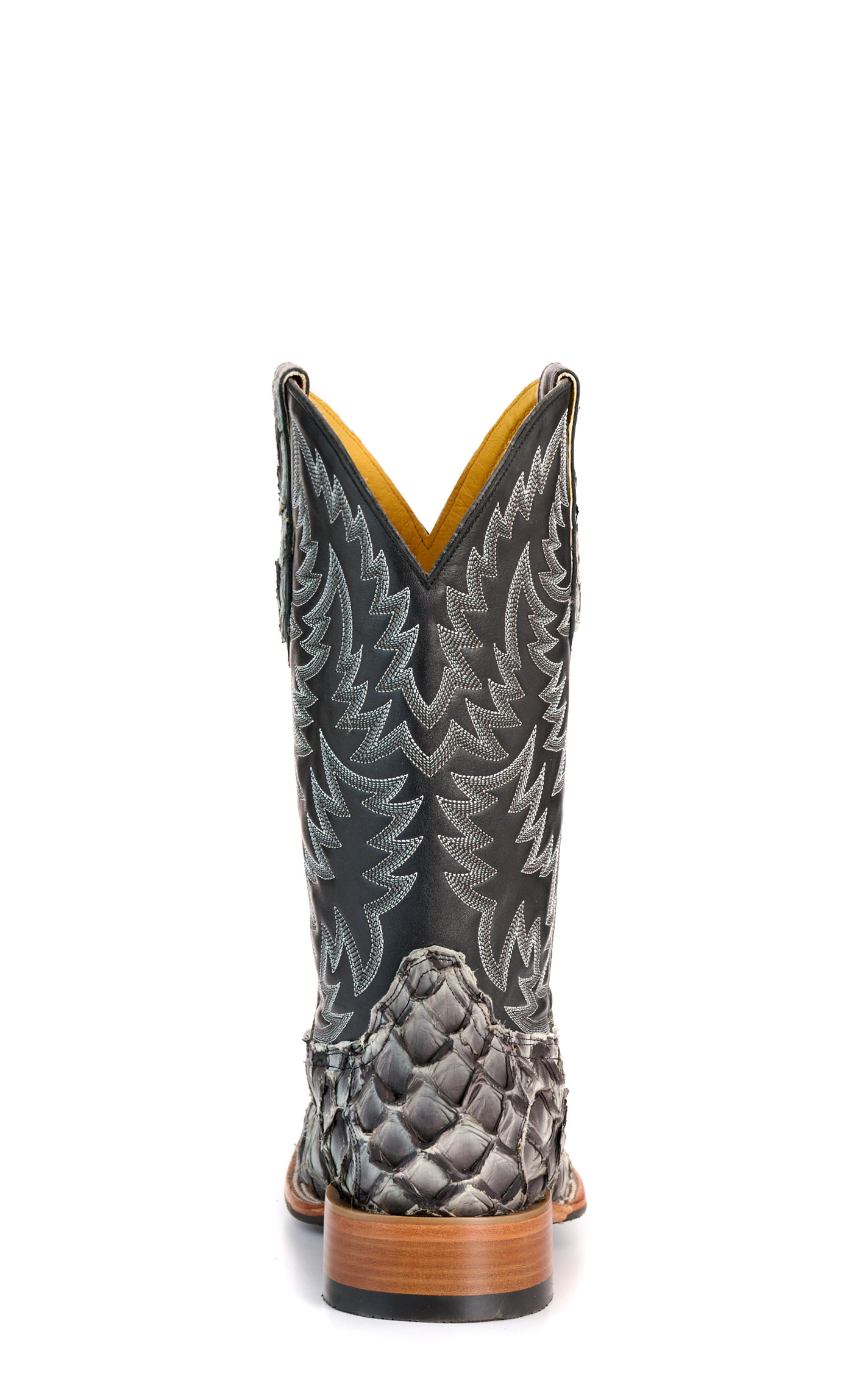 Cavender’s Men’s Gray Pirarucu and Black Wide Square Toe Exotic Cowboy Boots - Image 1