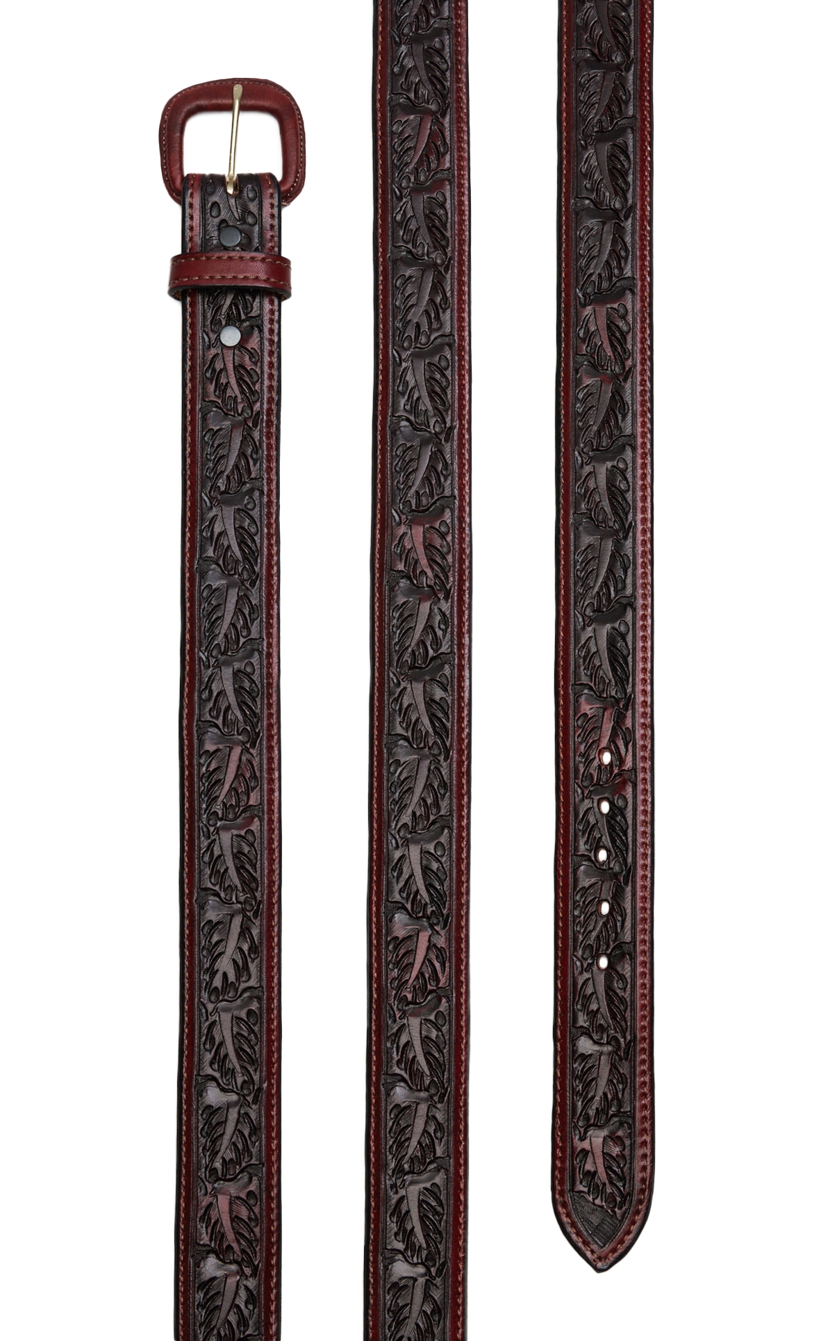 Vogt Men's Saddle Brown Over Under Leaf Tooled Western Belt - Image 1