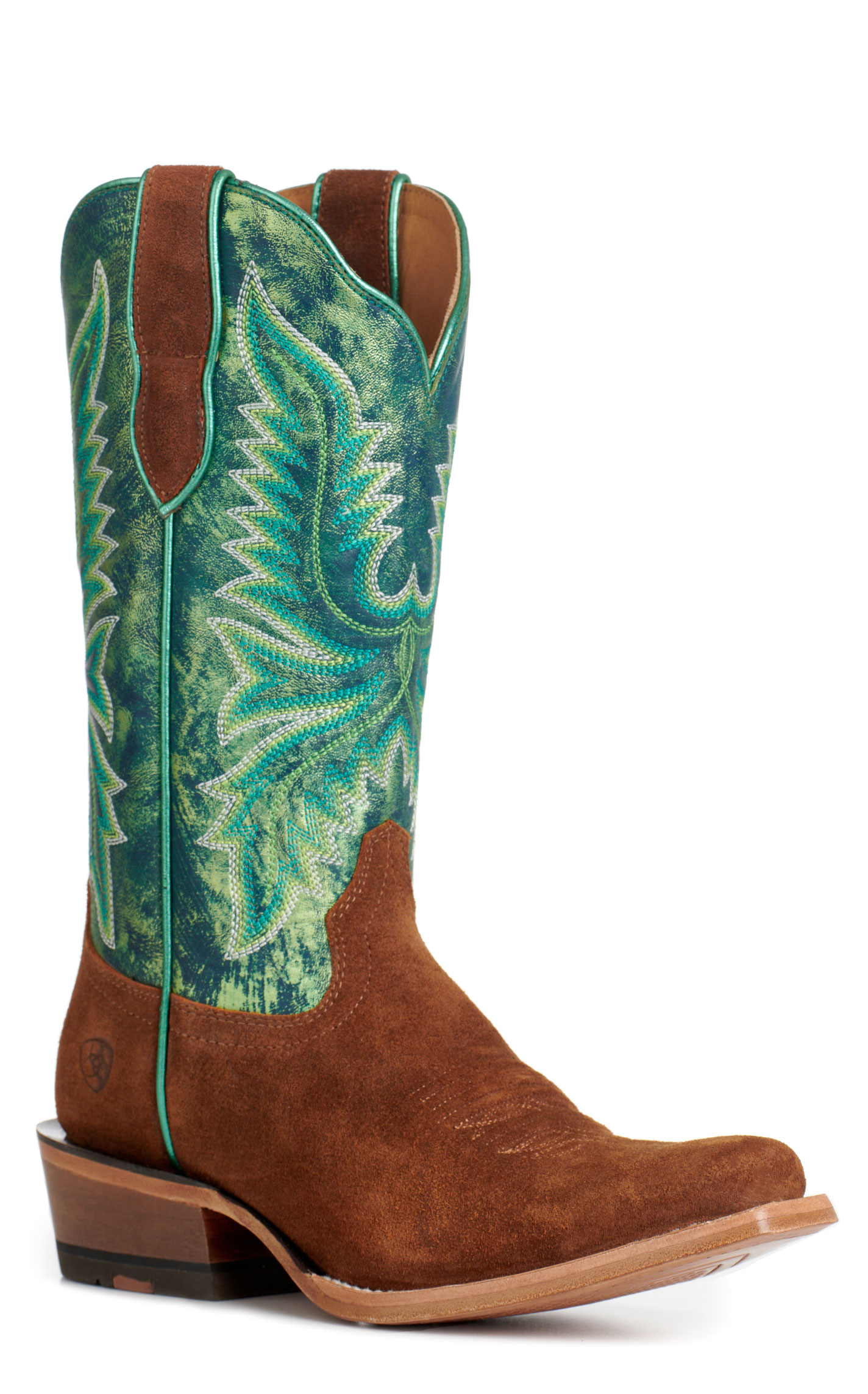 Ariat Women's Futurity Flash Brown Roughout and Metallic Green Punchy Square Toe Cowboy Boots - Image 1