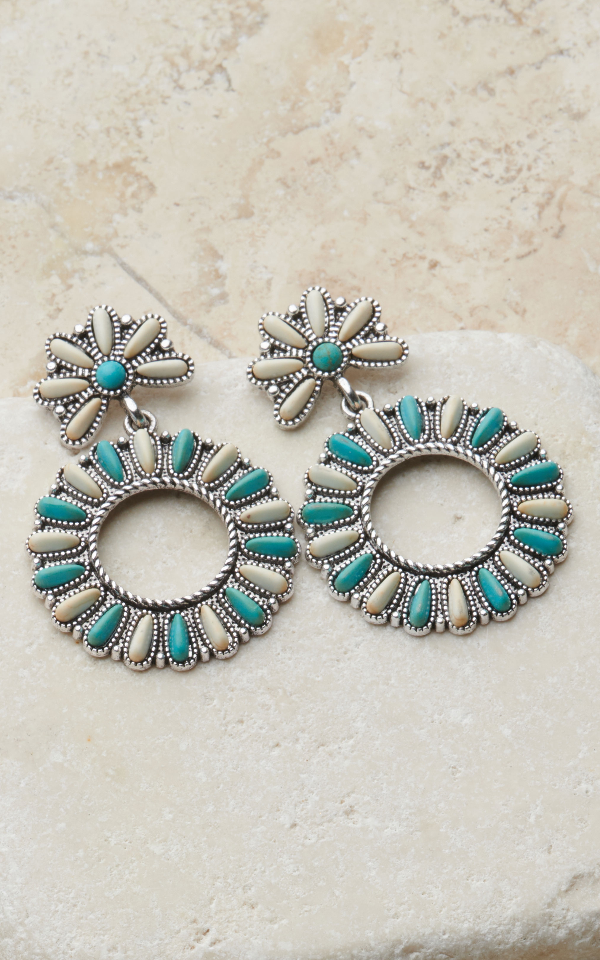 Blazin Roxx Women's Ivory and Turquoise Stones Round Drop Earrings - Image 1
