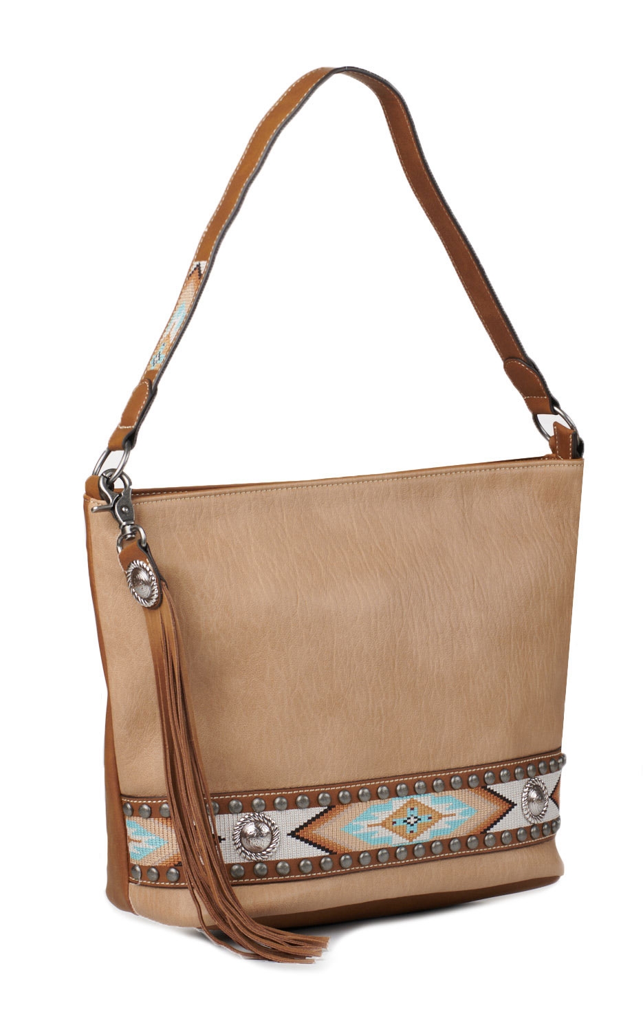 Nocona Carmen Tan with Southwest Stitching and Conchos Concealed Carry Tote Handbag - Image 1