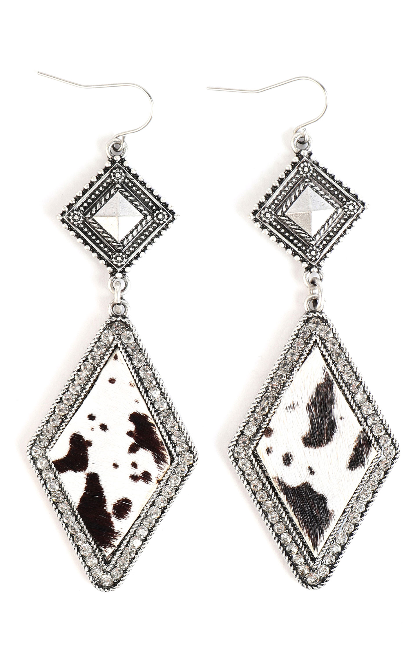 Cowgirl Confetti Silver & Cow Print Rhinestone Cowgirl Earrings - Image 1