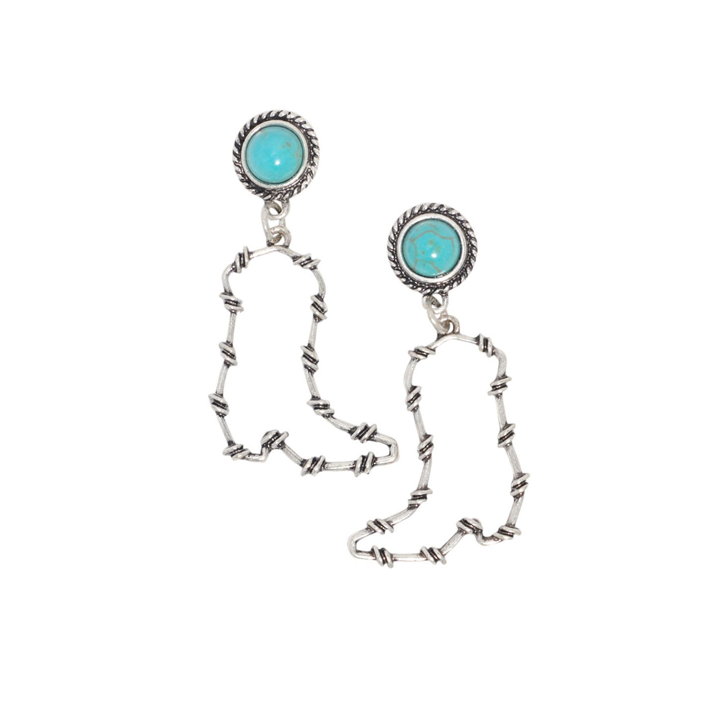 806 Silver Barbed Wire Boot & Turquoise Post Earrings - Image 1