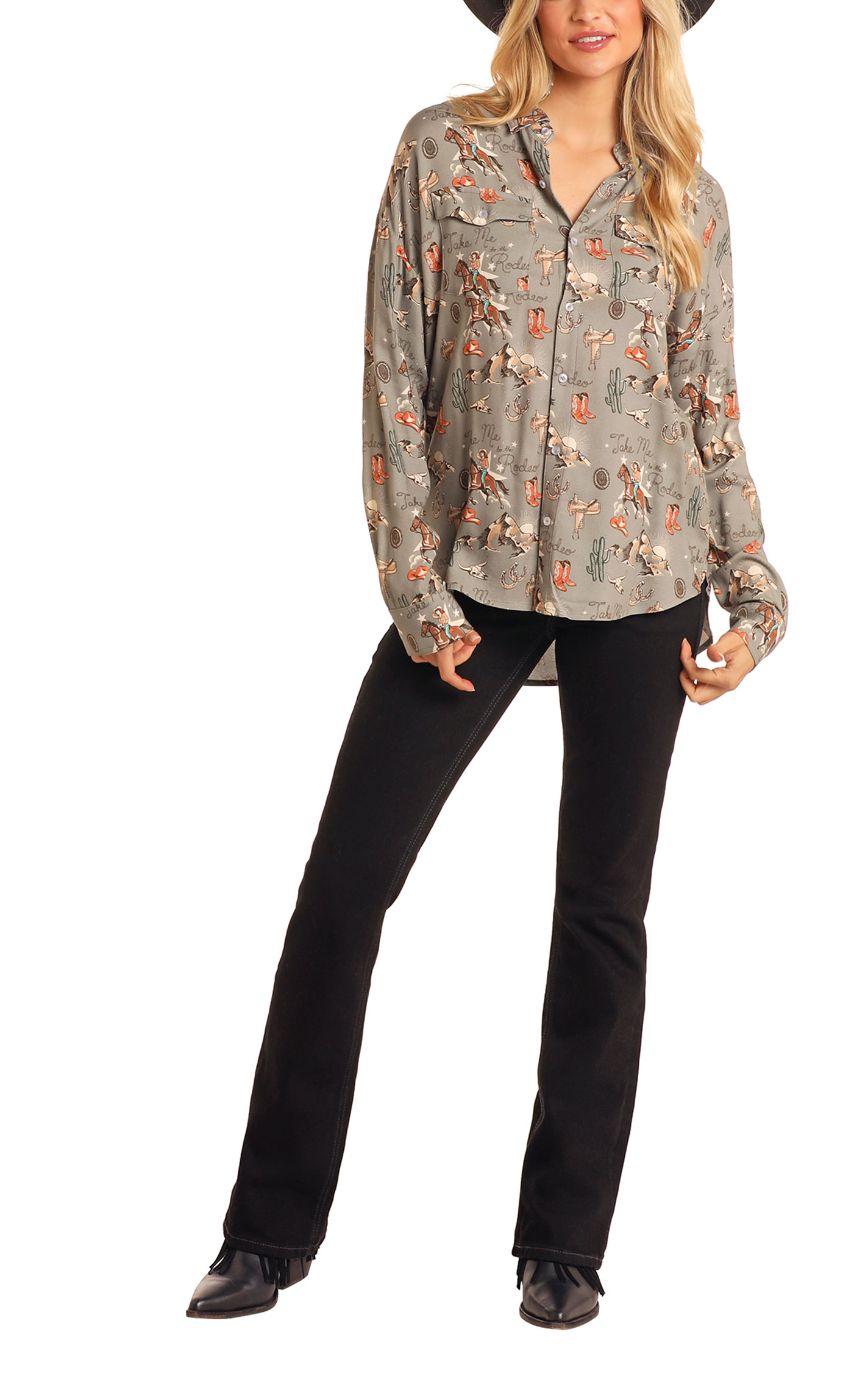 Panhandle Women's Fossil Gray Retro Western Print Top - Plus Sizes - Image 1