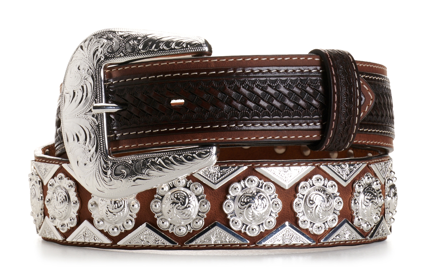 Cowboy Chrome Men's Brown Basket Weave with Silver Diamond and Berries Concho Western Belt - Image 1
