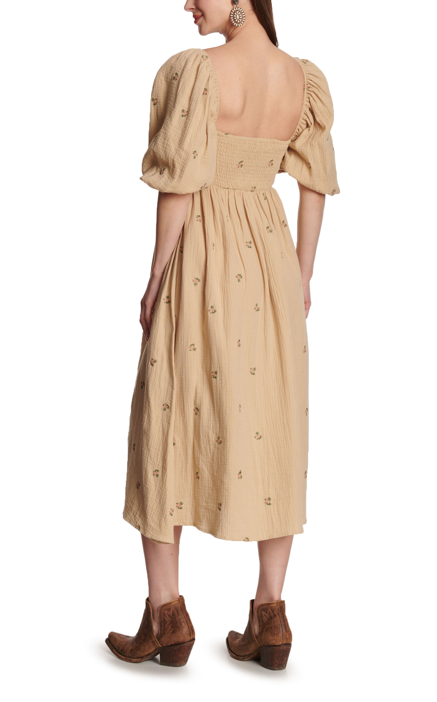 Endless Blu Women’s Beige Floral Puff Sleeve Midi Dress - Image 1
