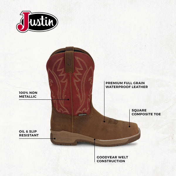 Justin Men's Brown & Red Nitread Waterproof Oil & Slip Resistant Work Boots - Image 1