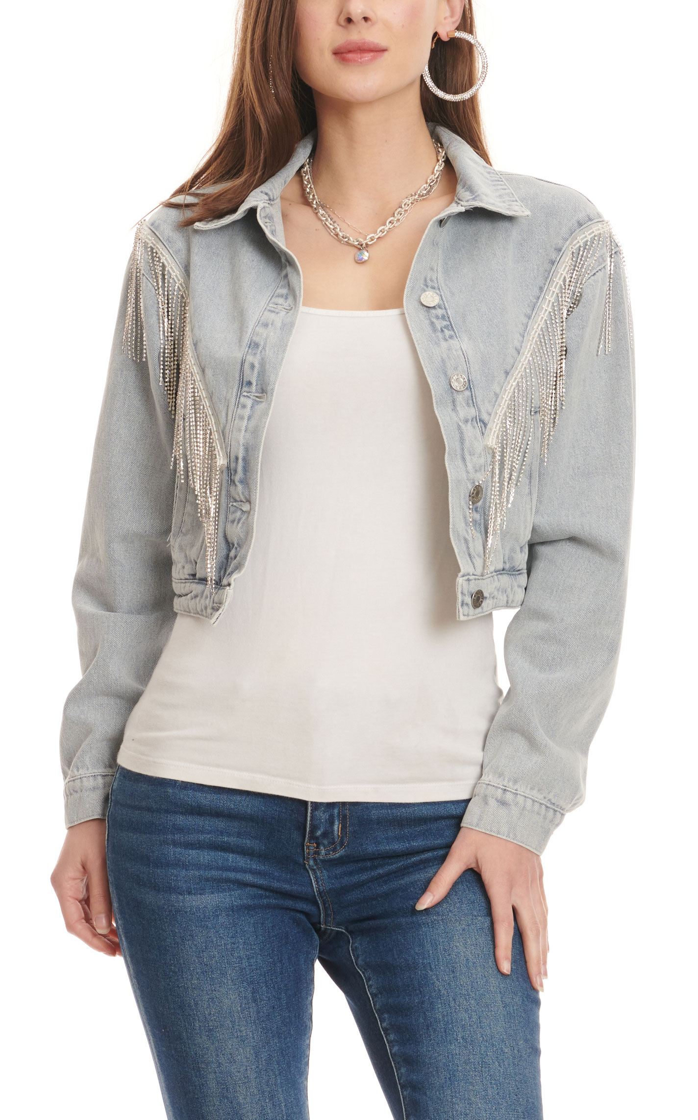 Blue B Women's Light Wash Chevron Sparkle Fringe Crop Denim Jacket - Image 1