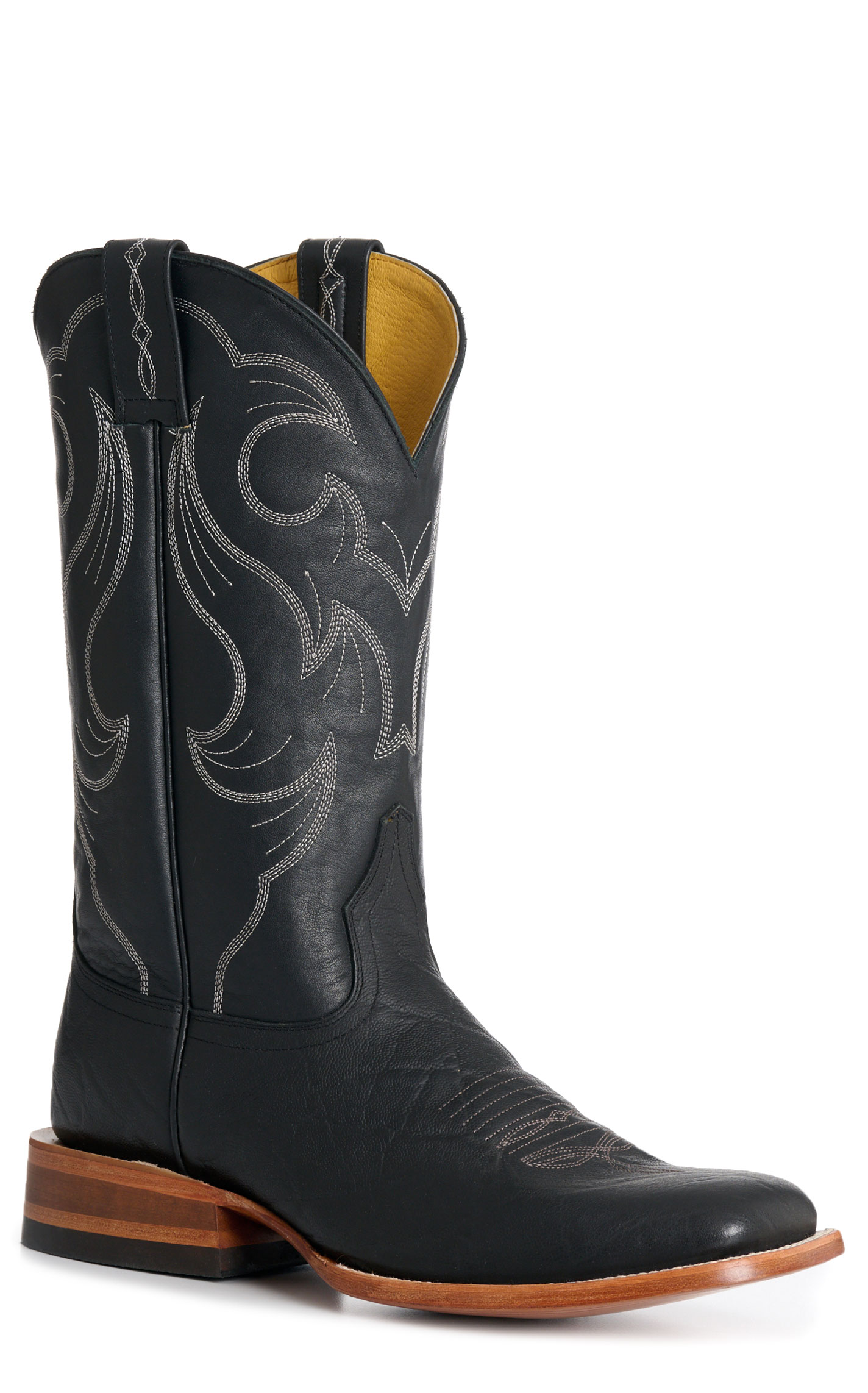 Cavender’s Men’s Black Leather Wide Square Toe Cowboy Boots - Image 1