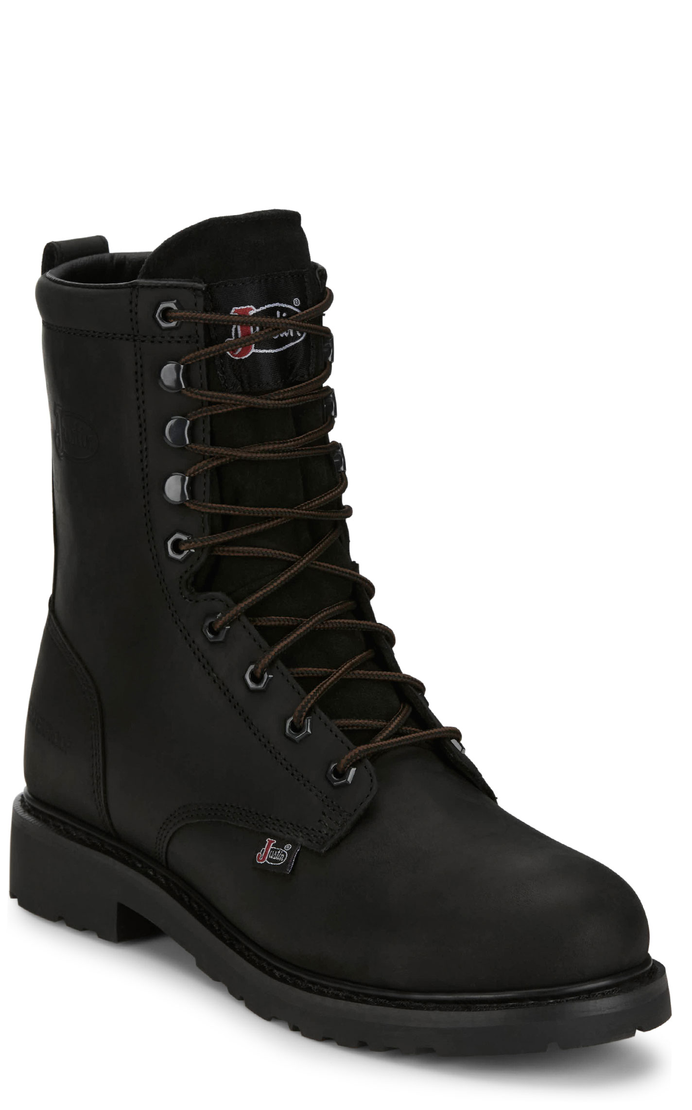Justin Men's Black Lace-Up Waterproof Round Steel Toe Work Boots - Image 1