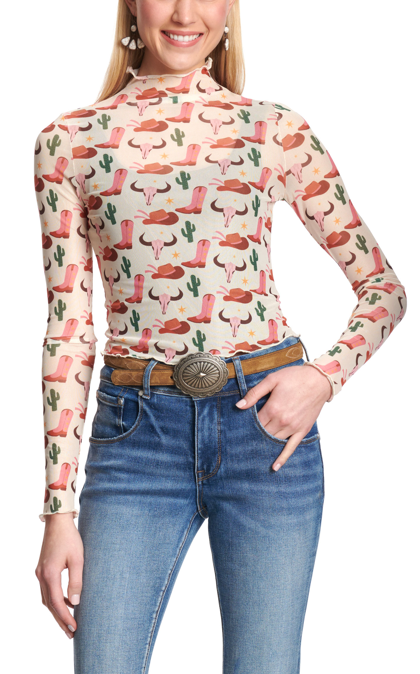 Rockin C Women's Cream & Colorful Western Fine Mesh Top - Image 1