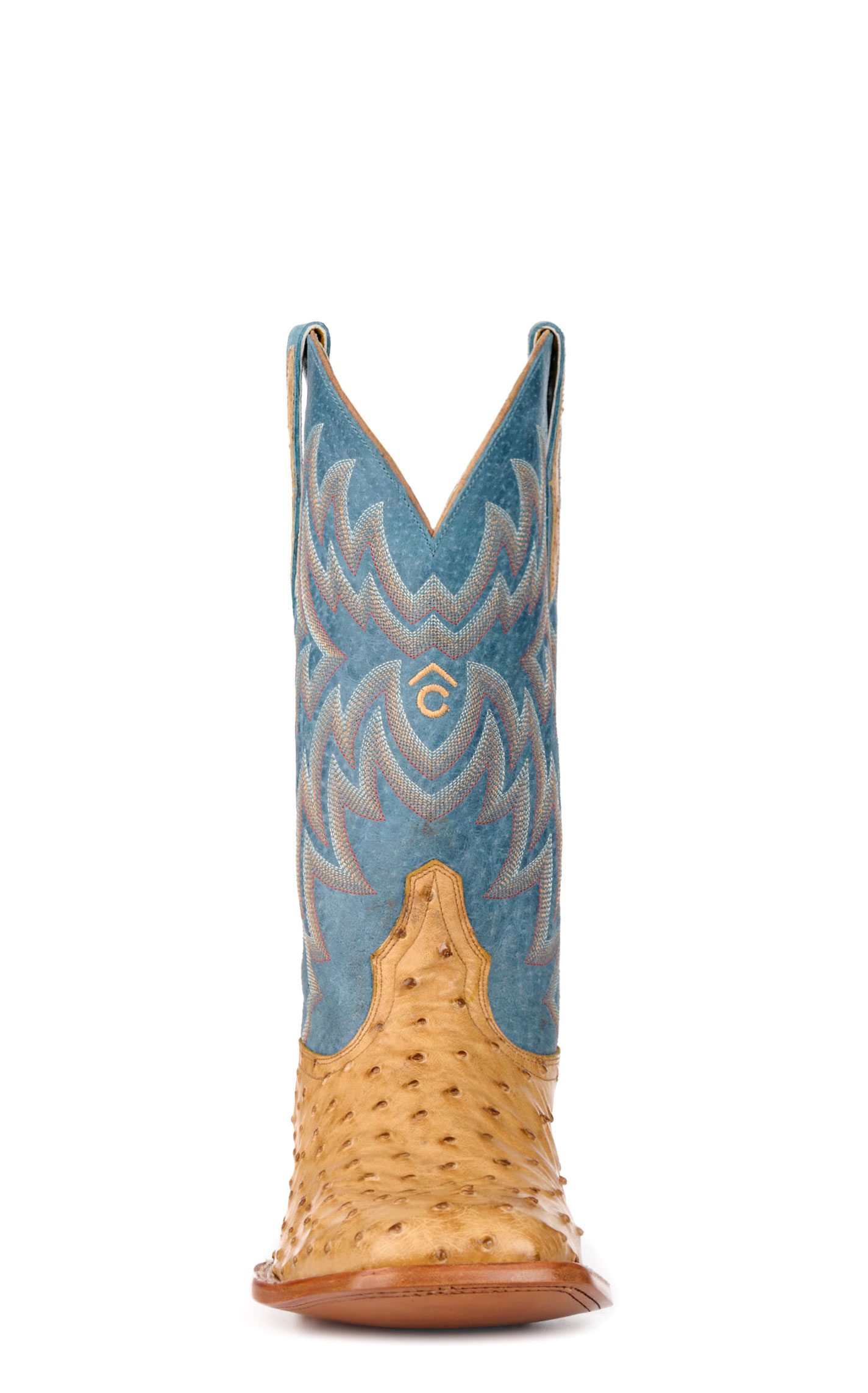 Cavender's Men's Blue and Saddle Full Quill Ostrich Wide Square Toe Exotic Cowboy Boots - Image 1