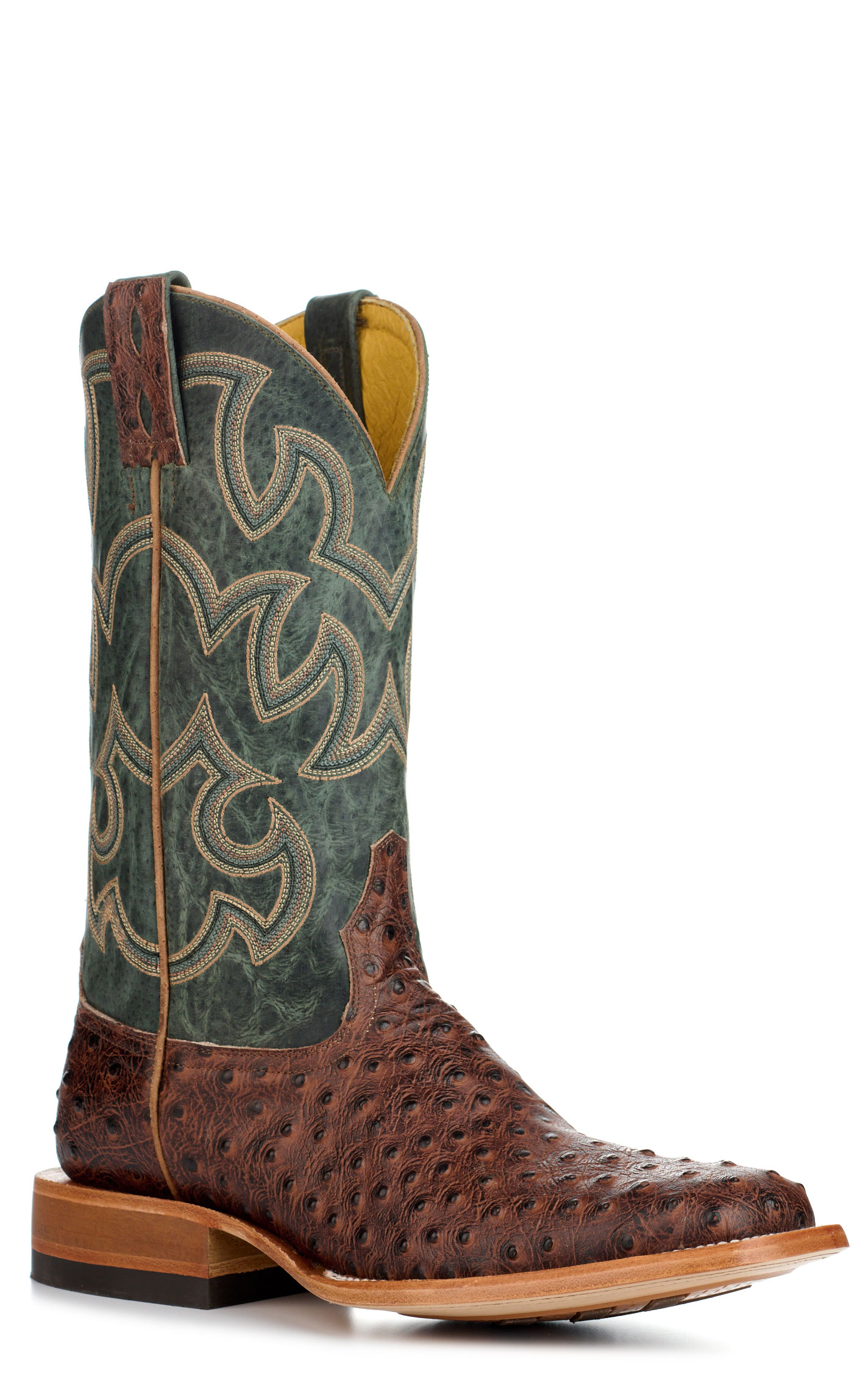 Cavender's Men's Endurance Deep Green and Brown Ostrich Print Wide Square Toe Cowboy Boots - Image 1