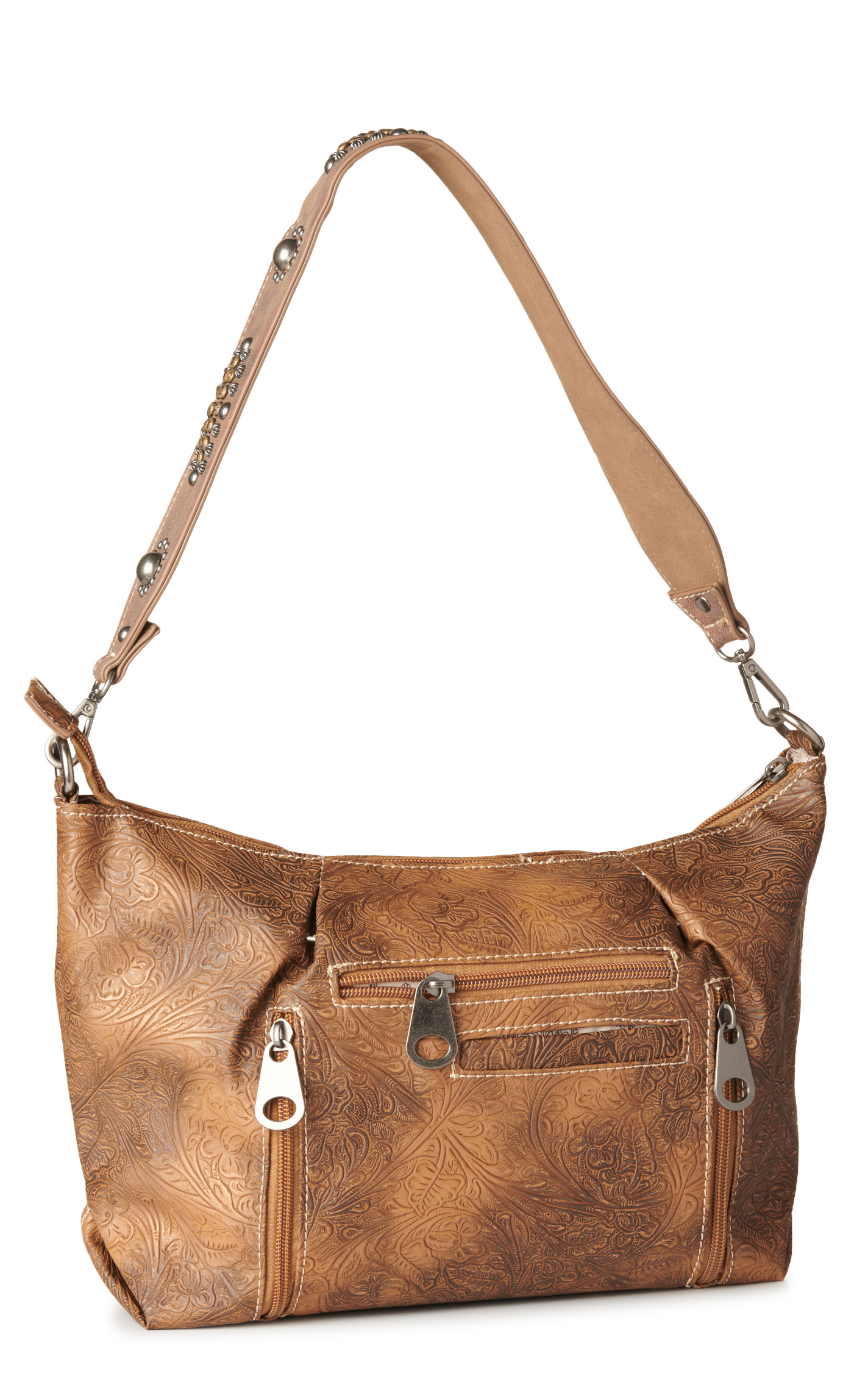Nocona Ophelia Shades of Coffee Tooled Floral & Studded Attachable Shoulder Strap Bag - Image 1