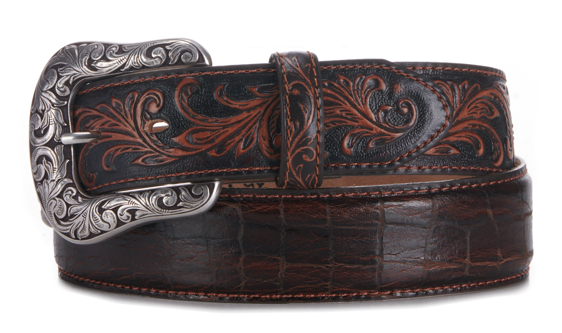 Tony Lama Men's Pinto Brown Classic Tooled Western Belt - Image 1