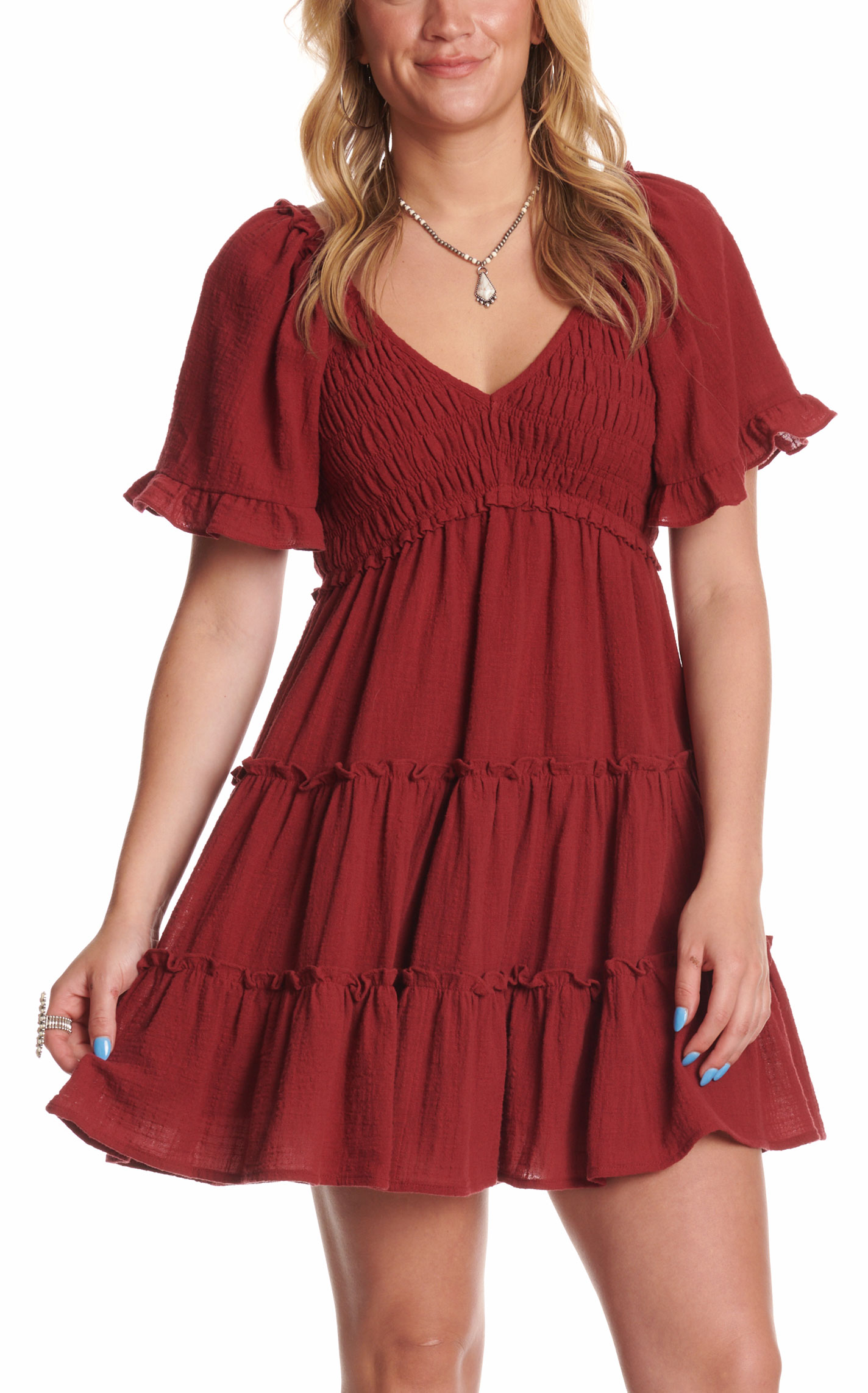 Yura Women's Wine Tiered Ruffle Dress - Image 1