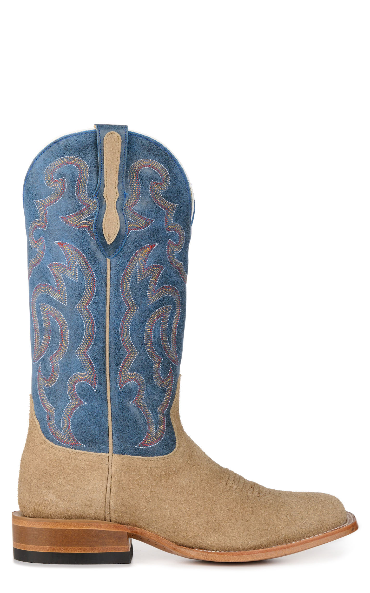 Cavender's Men's Tan Roughout and Blue Wide Square Toe Cowboy Boots - Image 1