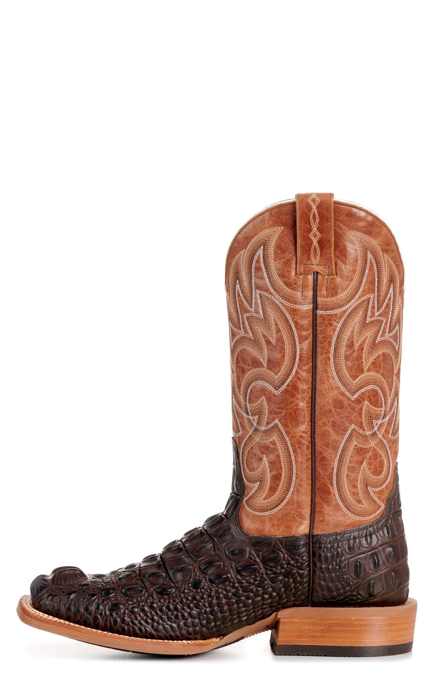 Cavender's Men's Intrepid Chocolate Hornback Alligator Print and Gray Wide Square Toe Cowboy Boot - Image 1