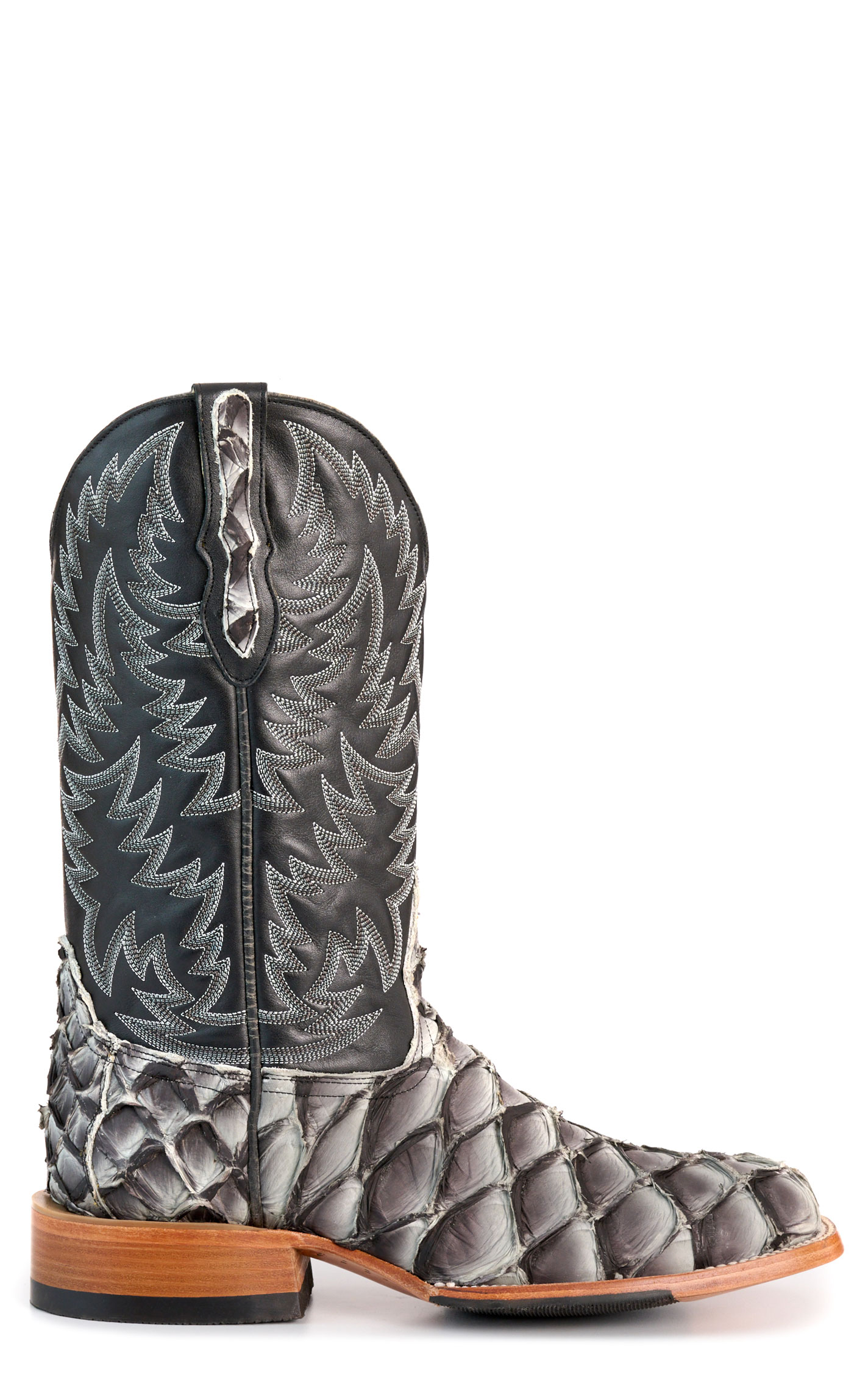 Cavender’s Men’s Gray Pirarucu and Black Wide Square Toe Exotic Cowboy Boots - Image 1