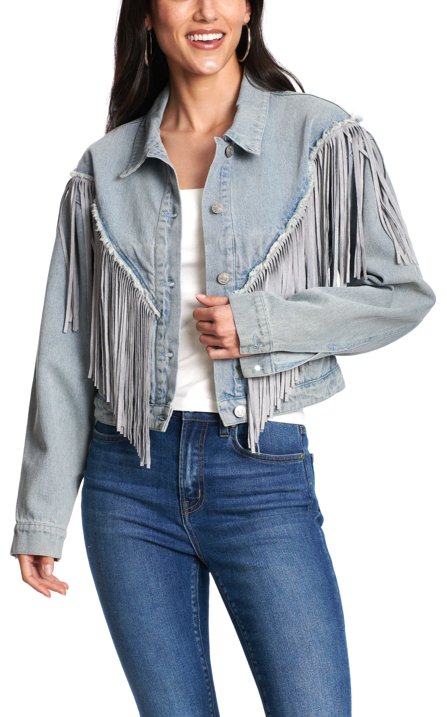 Blue B Women's Light Wash Frayed & Fringed Cropped Jacket - Image 1