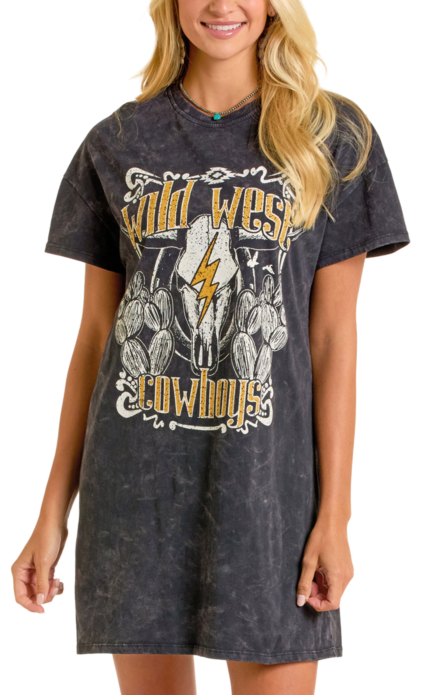 Rock & Roll Denim Women's Gray Wild West Cowboys Graphic T-Shirt Dress - Image 4