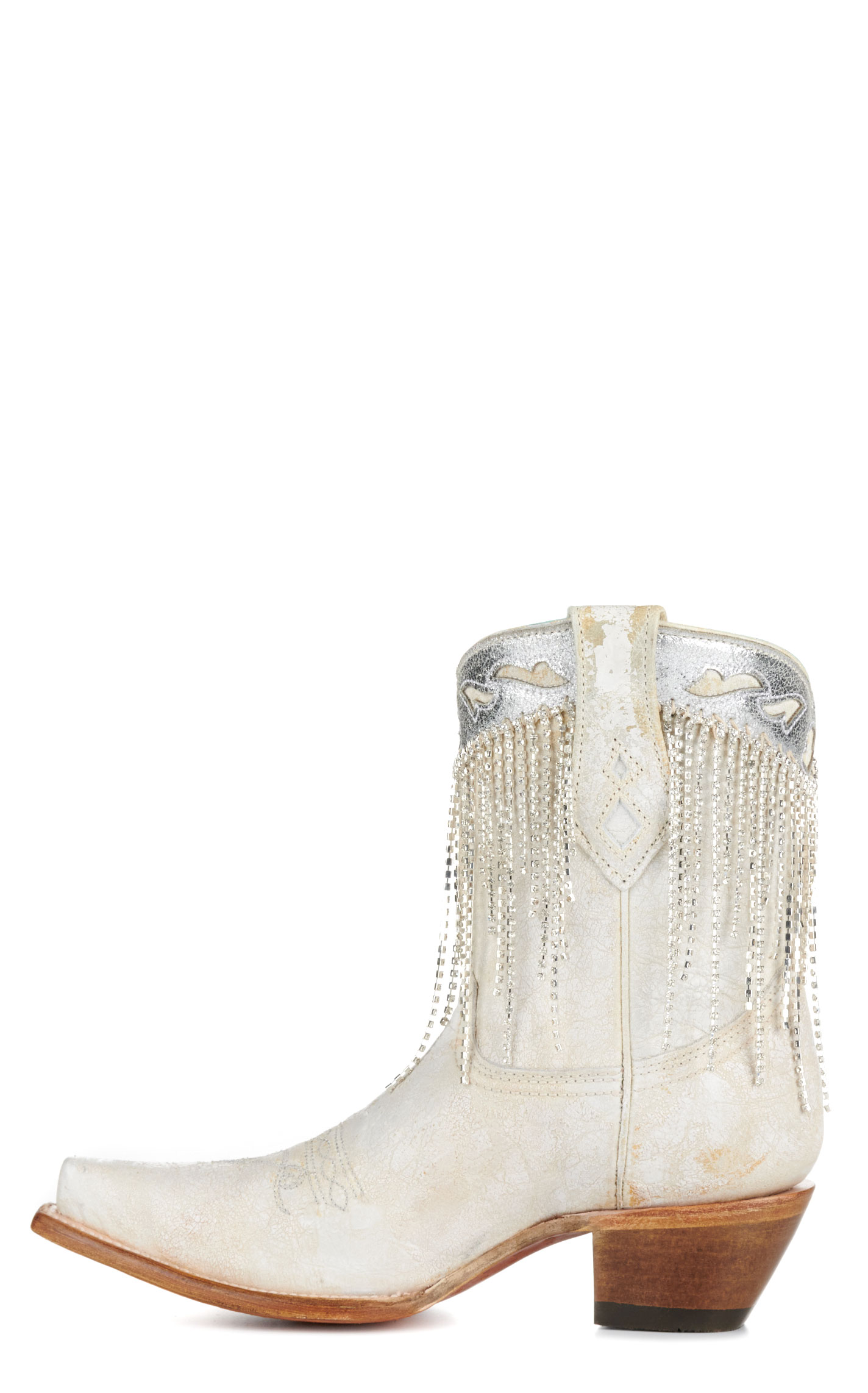 Corral Women's Distressed White with Crystal Fringe Snip Toe Cowboy Booties - Image 1