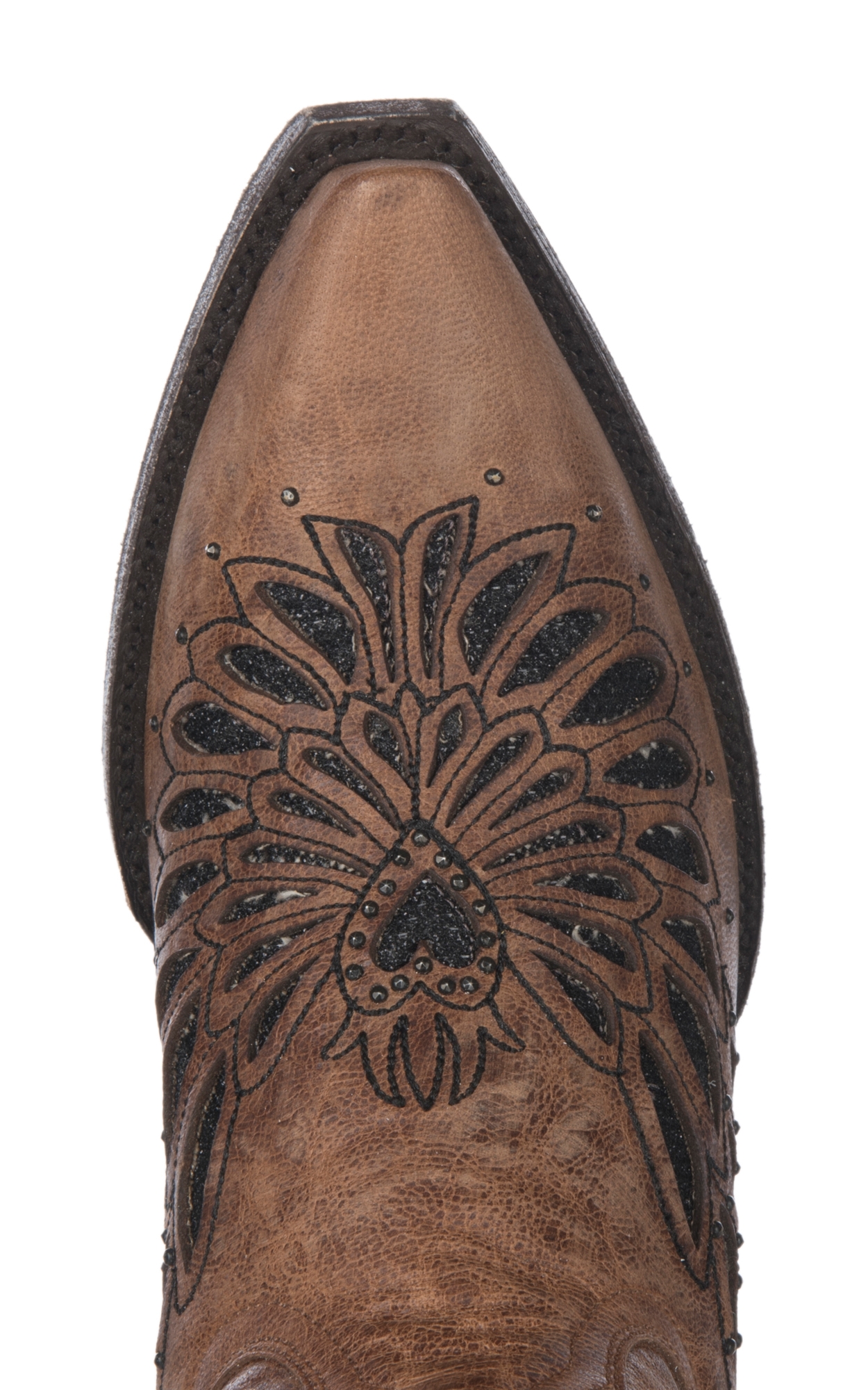 Cavender’s Women’s Brass Leather with Black Crystal Inlay Snip Toe Cowboy Boots - Image 1