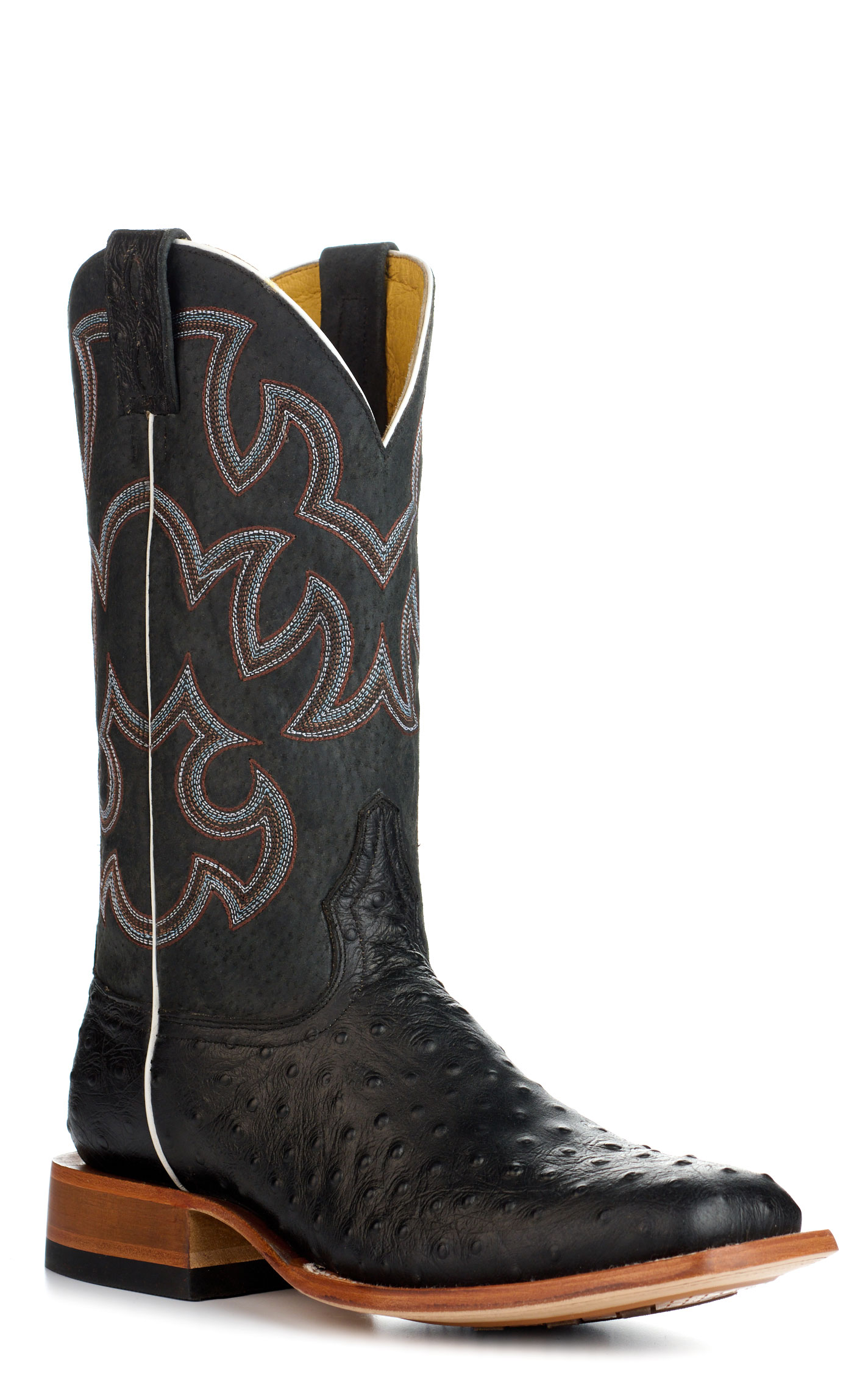 Cavender's Men's Endurance Black with Black Ostrich Print Foot Hybrid Wide Square Toe Cowboy Boots - Image 1
