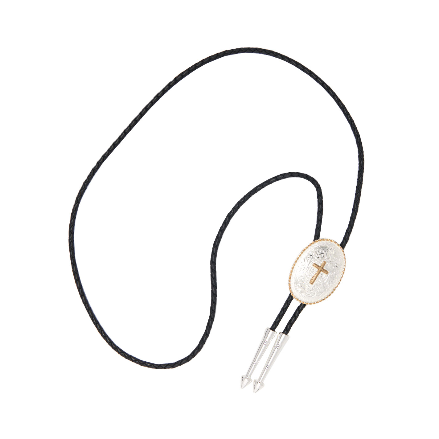 Montana Silversmiths Silver and Gold Engraved 2T Oval Cross Bolo - Image 1