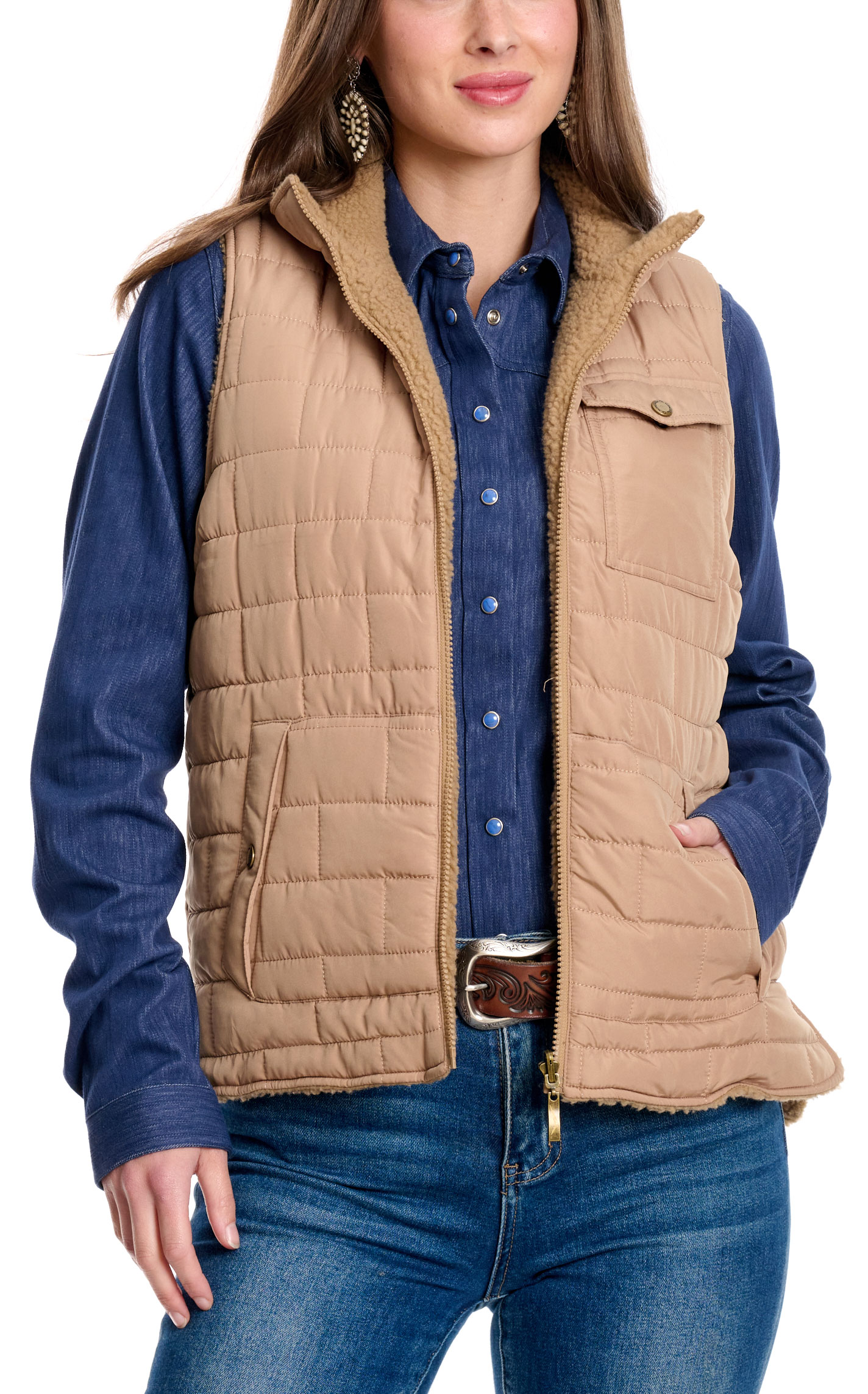 Montana Clothing Co. Women's Khaki Reversible Sherpa Vest - Image 1