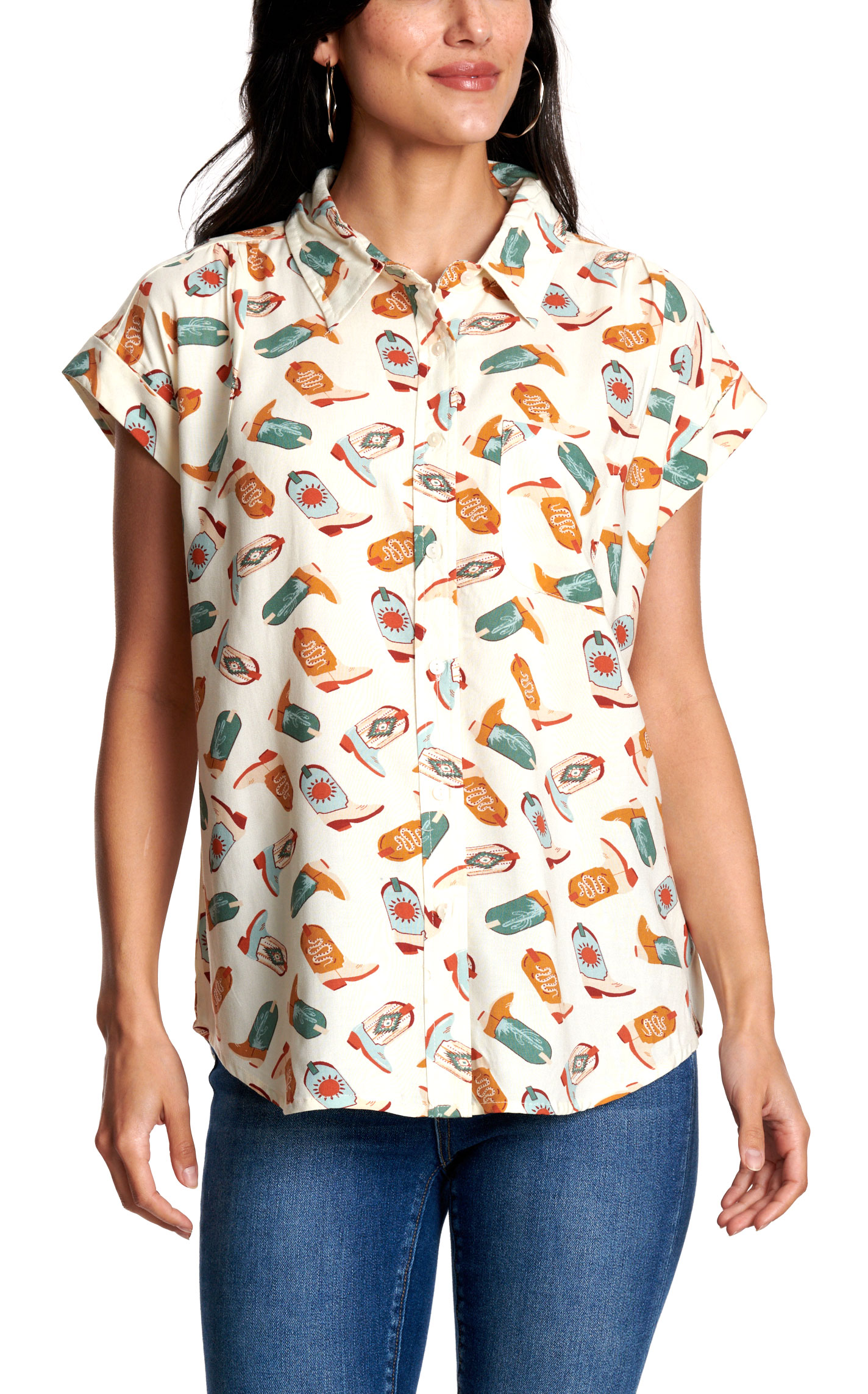 Cotton & Rye Women’s Cream & Multi Color Boot Print Top - Image 2