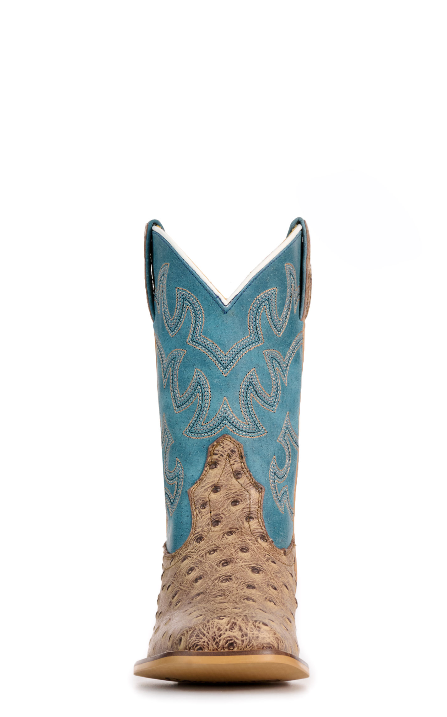 Cavender's Kids' Sand Ostrich Print and Blue Wide Square Toe Cowboy Boots - Image 1
