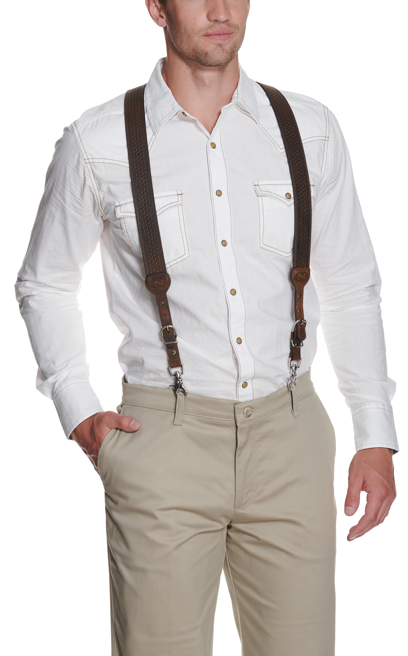 Nocona Brown Basket Weave Suspenders - Image 1