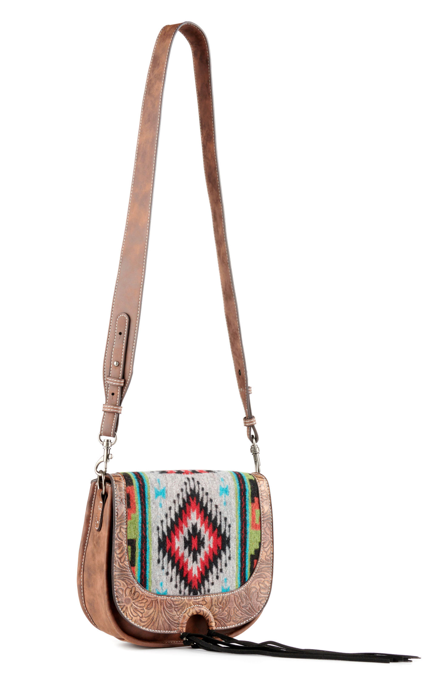 Justin Pecan Floral Tooled Genuine Leather & Southwest Colorful Blanket Fringe Accent Saddle-Bag  - Image 1
