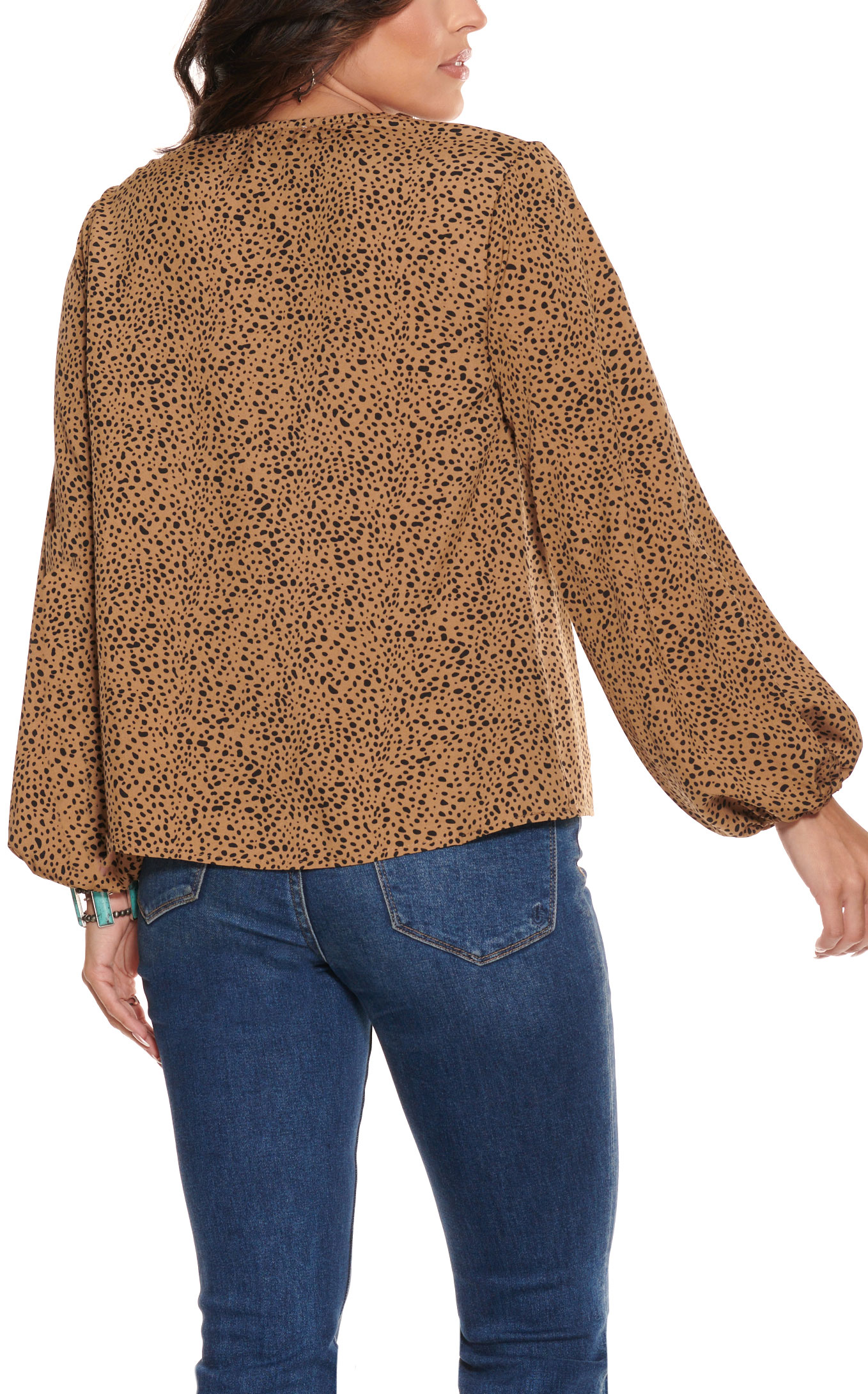 Newbury Kustom Women's Taupe with Black Tiny Animal Print Long Sleeve Top - Image 1