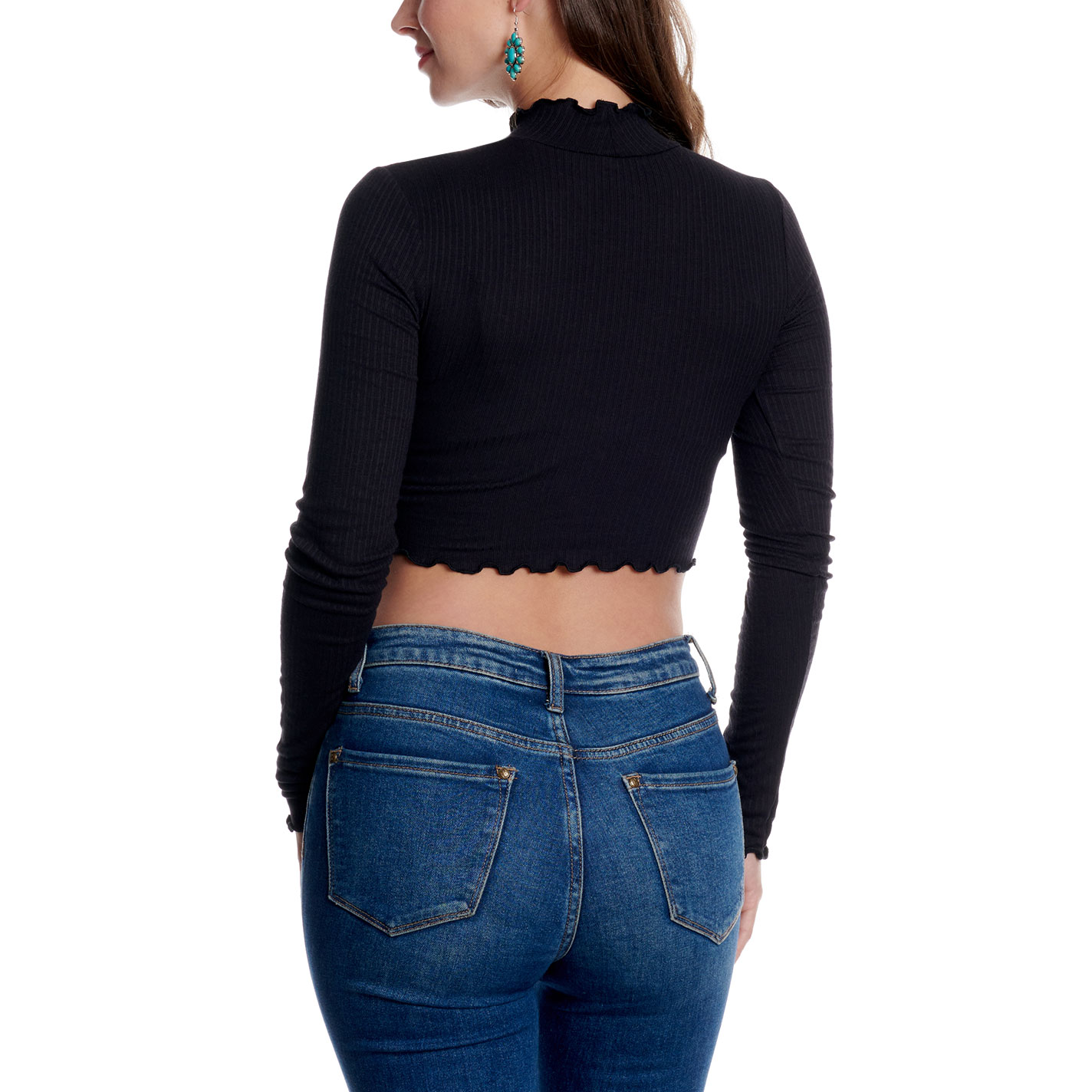 HYFVE Solid Black Long Sleeve Ruffled Hem Cropped Top - Image 1