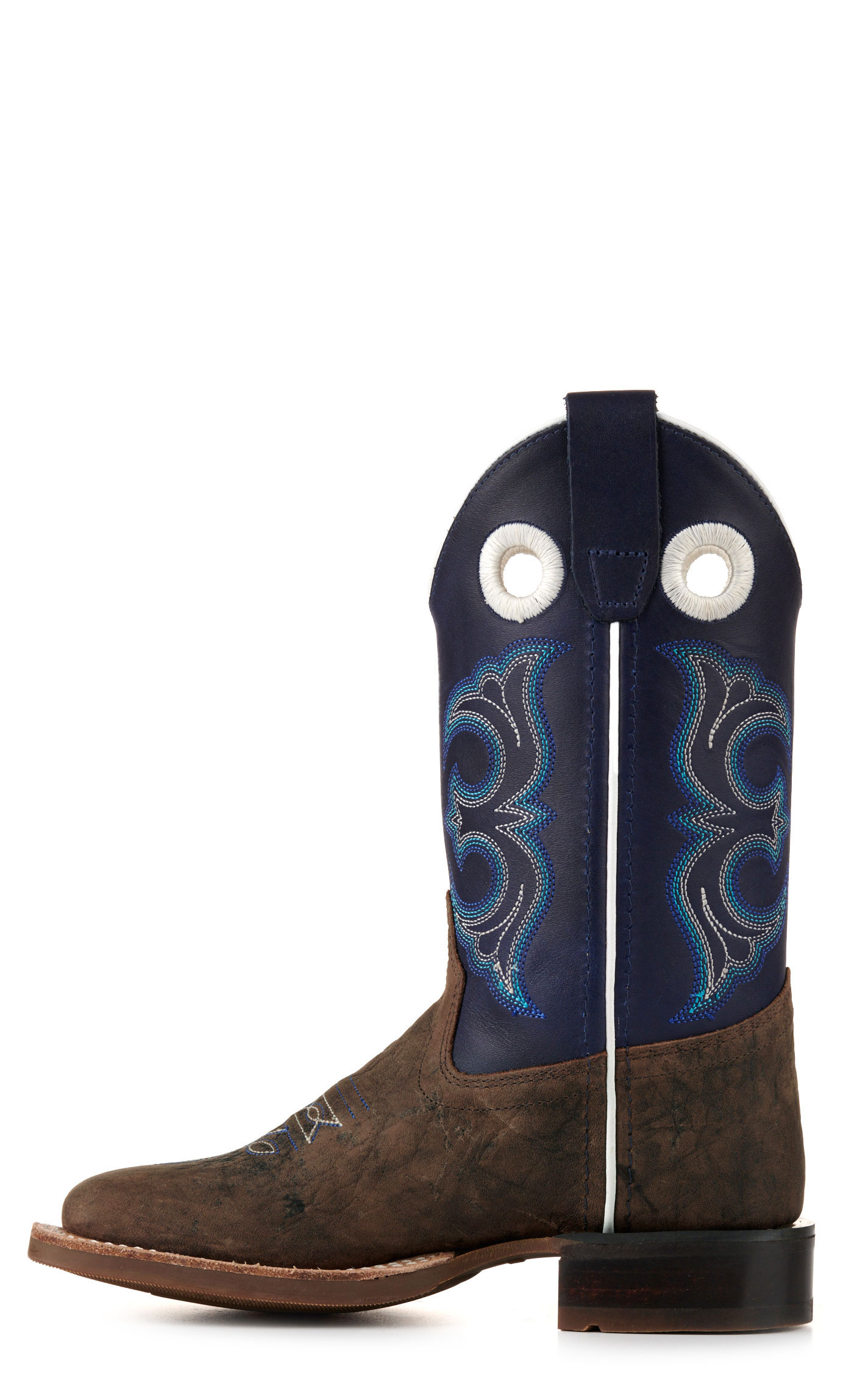 Old West Youth Dark Brown and Blue Wide Square Toe Cowboy Boots - Image 1