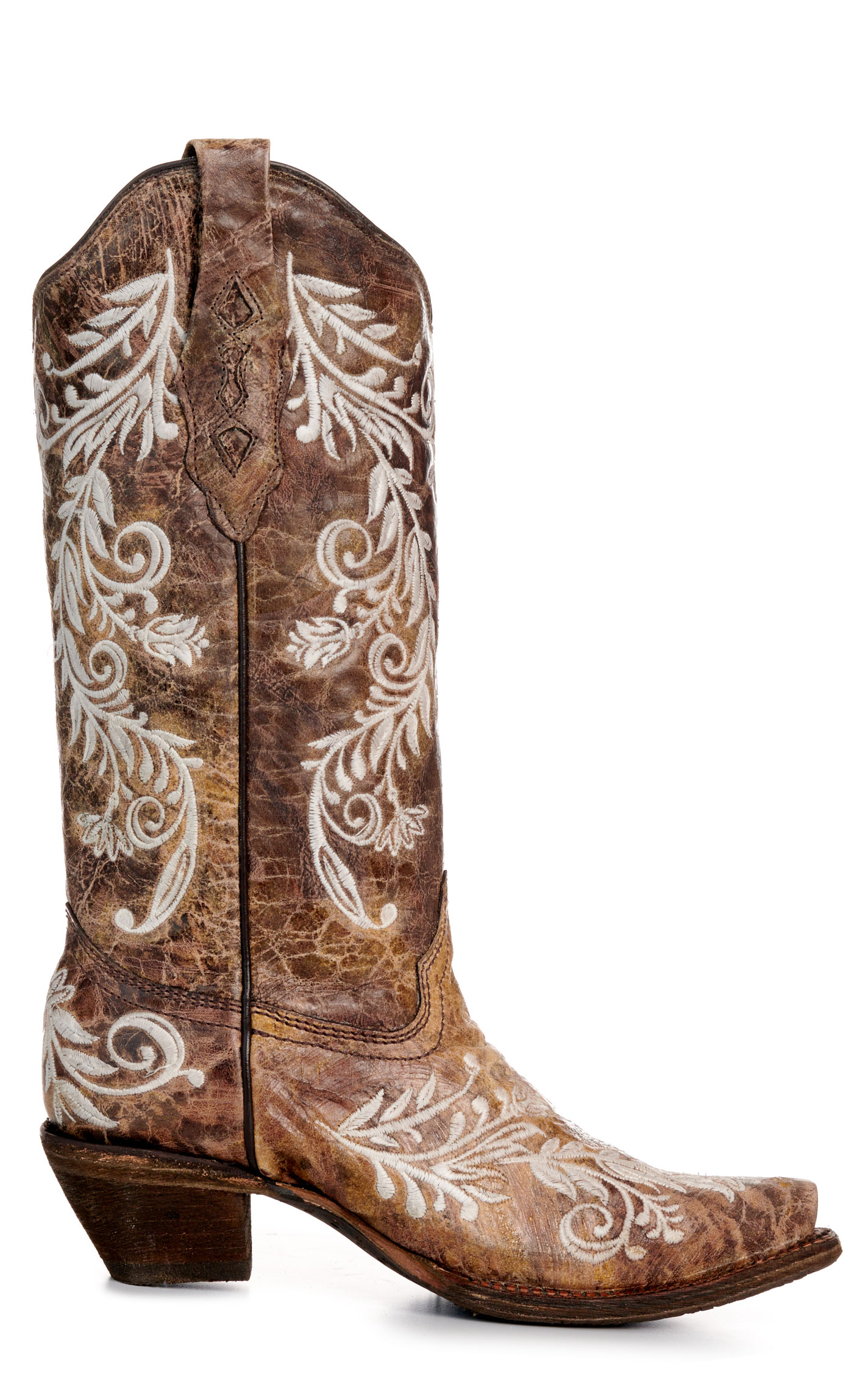 Corral Women's Brown and White Glow in the Dark Embroidery Snip Toe Cowboy Boots - Image 1