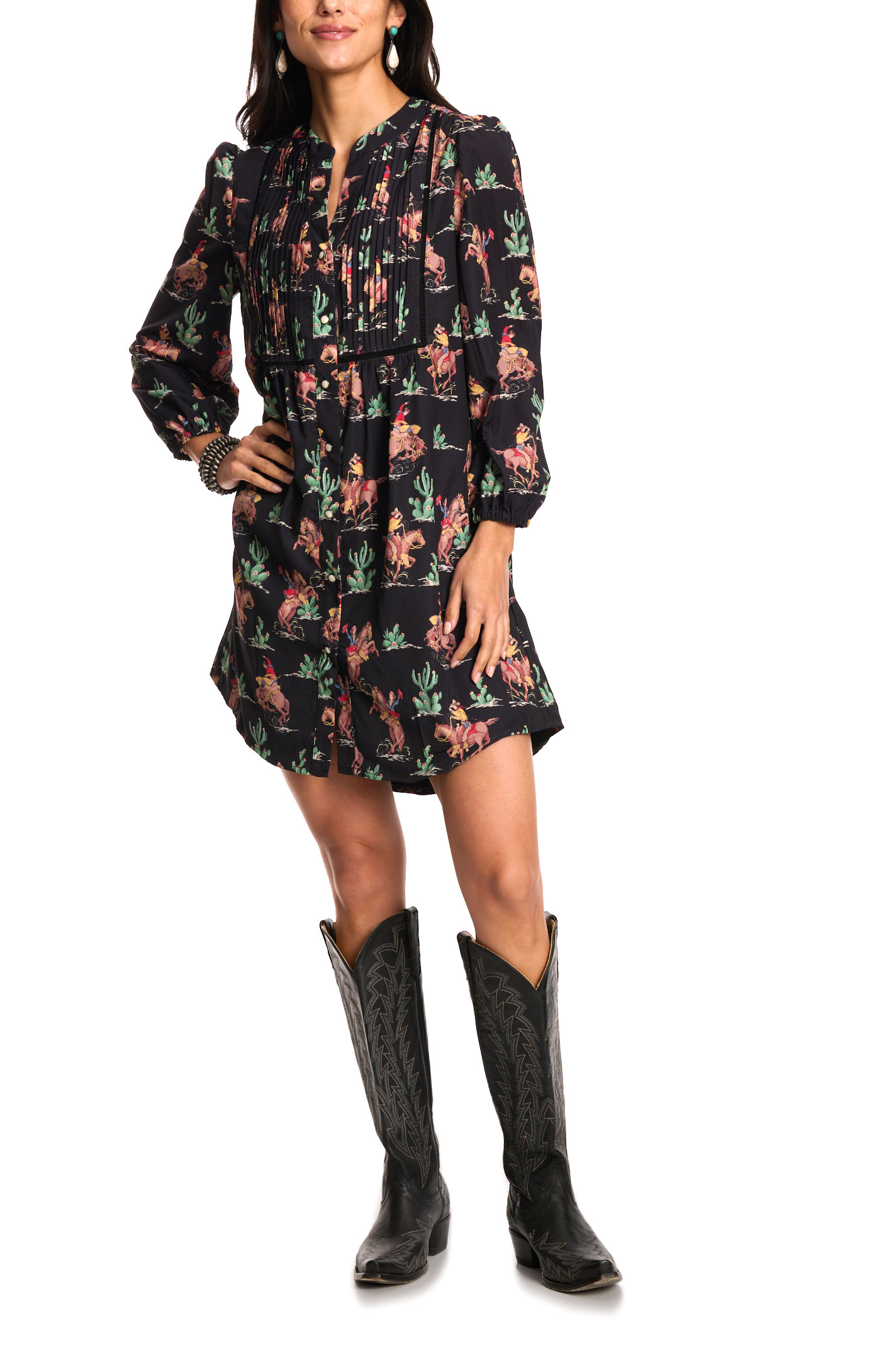 Fashion Express Women's Black Western Print Dress - Image 1