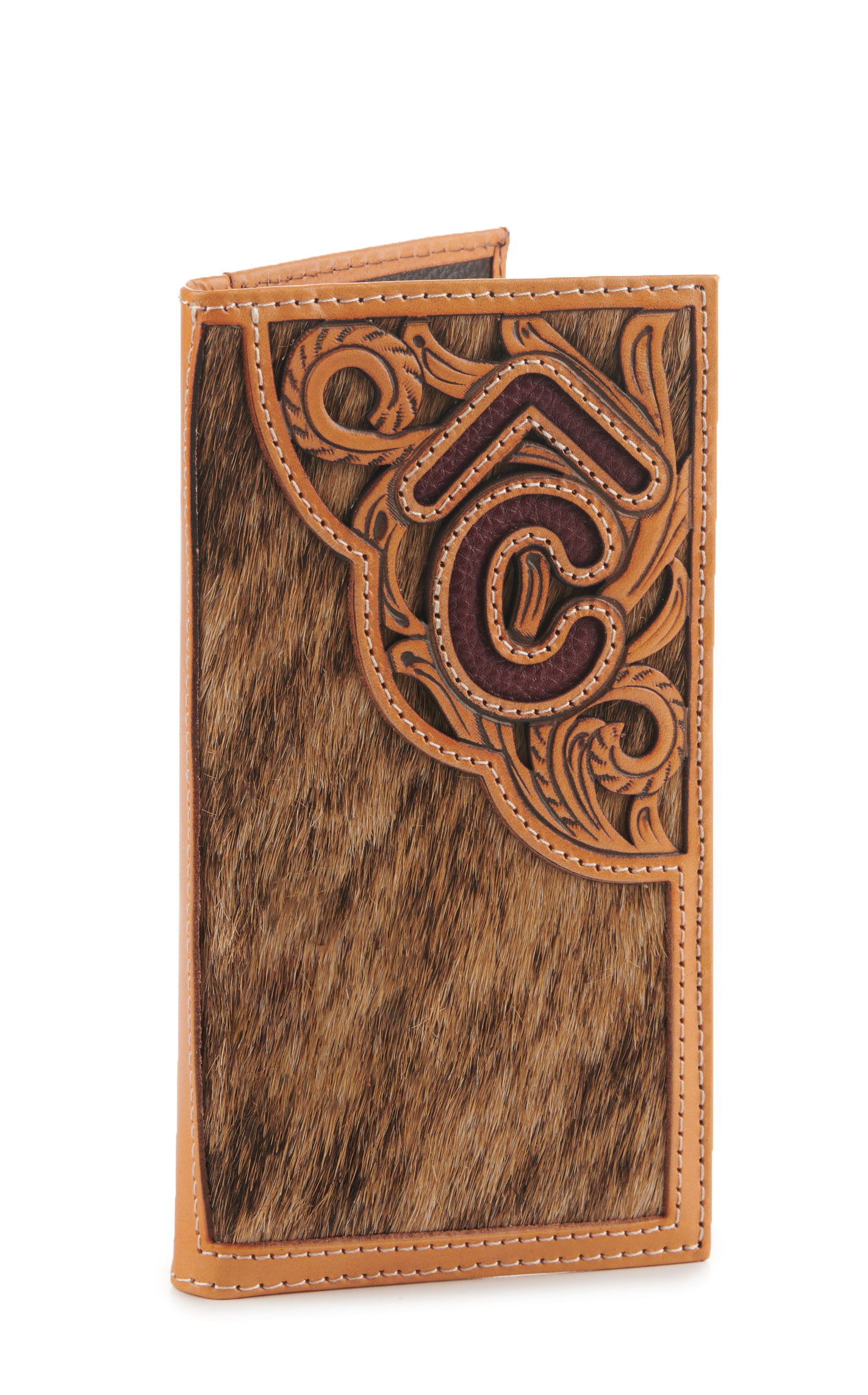 Rafter C Men’s Leather Hair on Hide with Burgundy Underlay Checkbook Cover Rodeo Wallet - Image 1