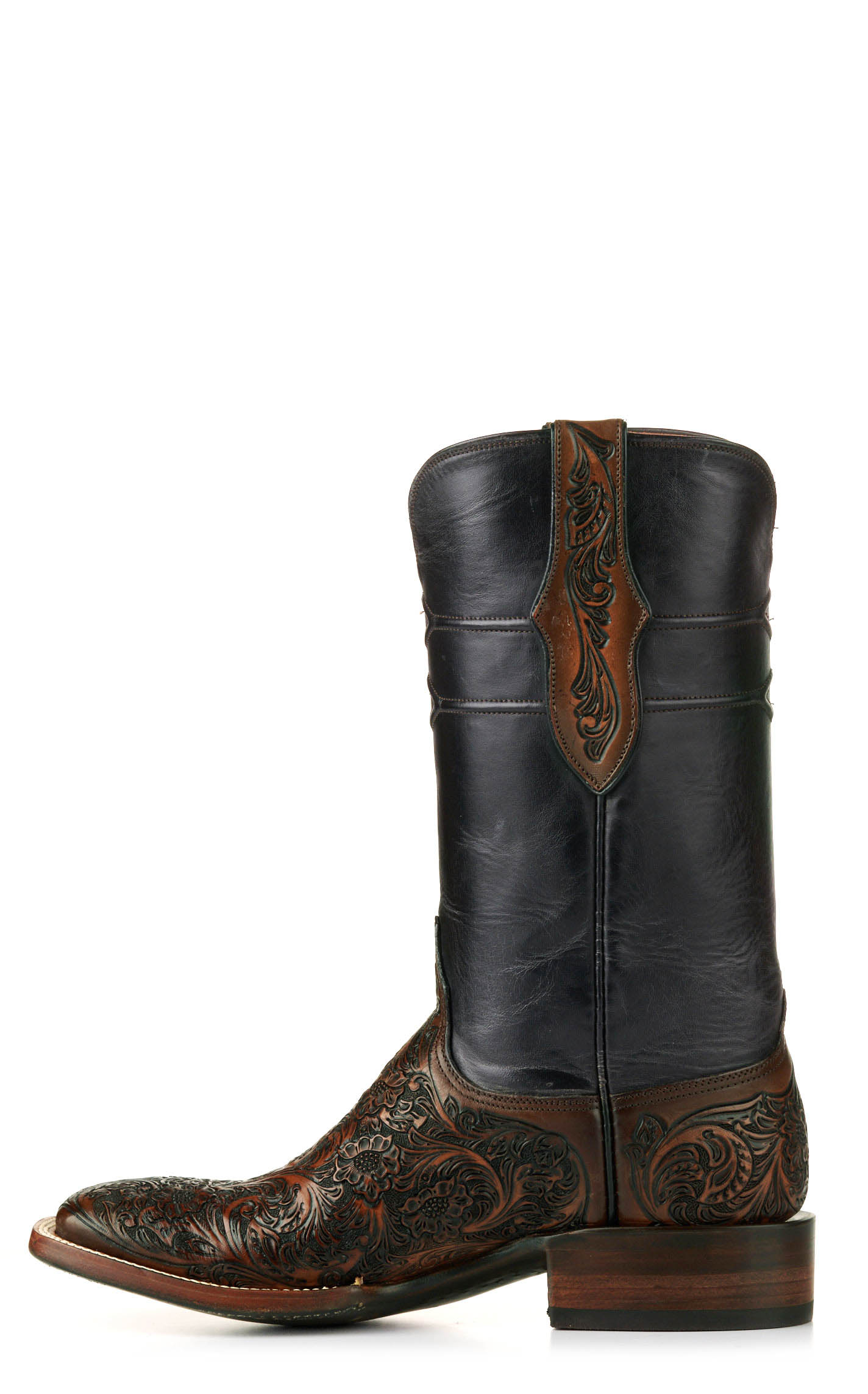 Black Jack Men's Mahogany Black and Brown Hand Tooled Wide Square Toe Cowboy Boots - Image 1